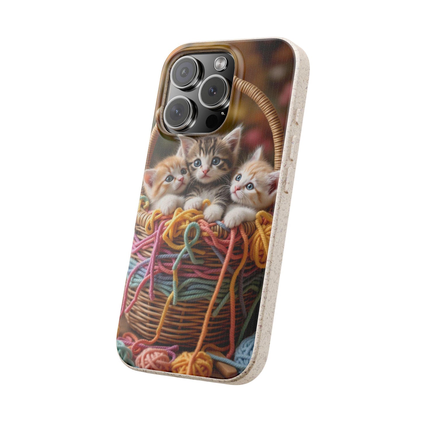 Eco Friendly Kittens in a basket with yarn. Adorable Eco Phone Case for Cat lovers