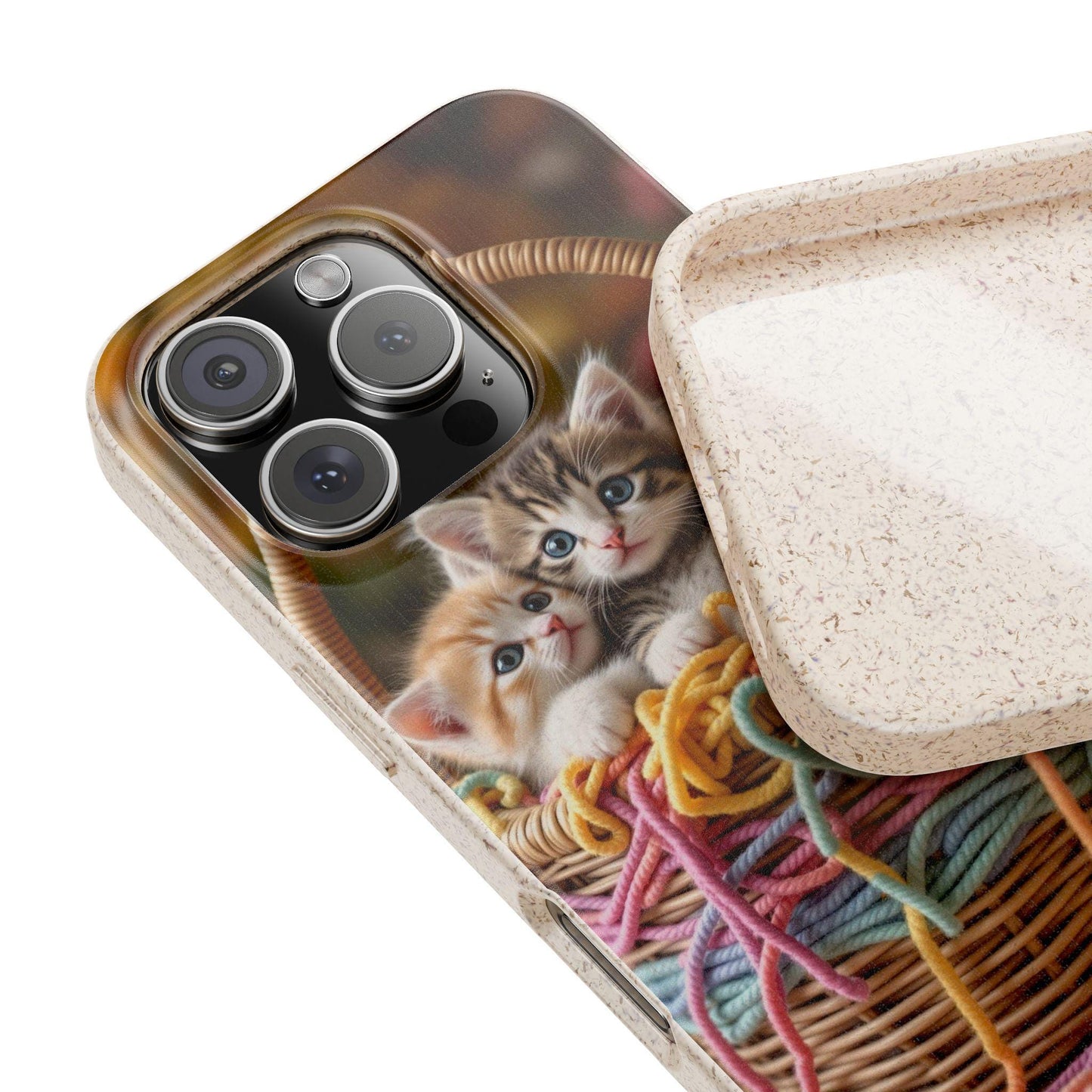 Eco Friendly Kittens in a basket with yarn. Adorable Eco Phone Case for Cat lovers