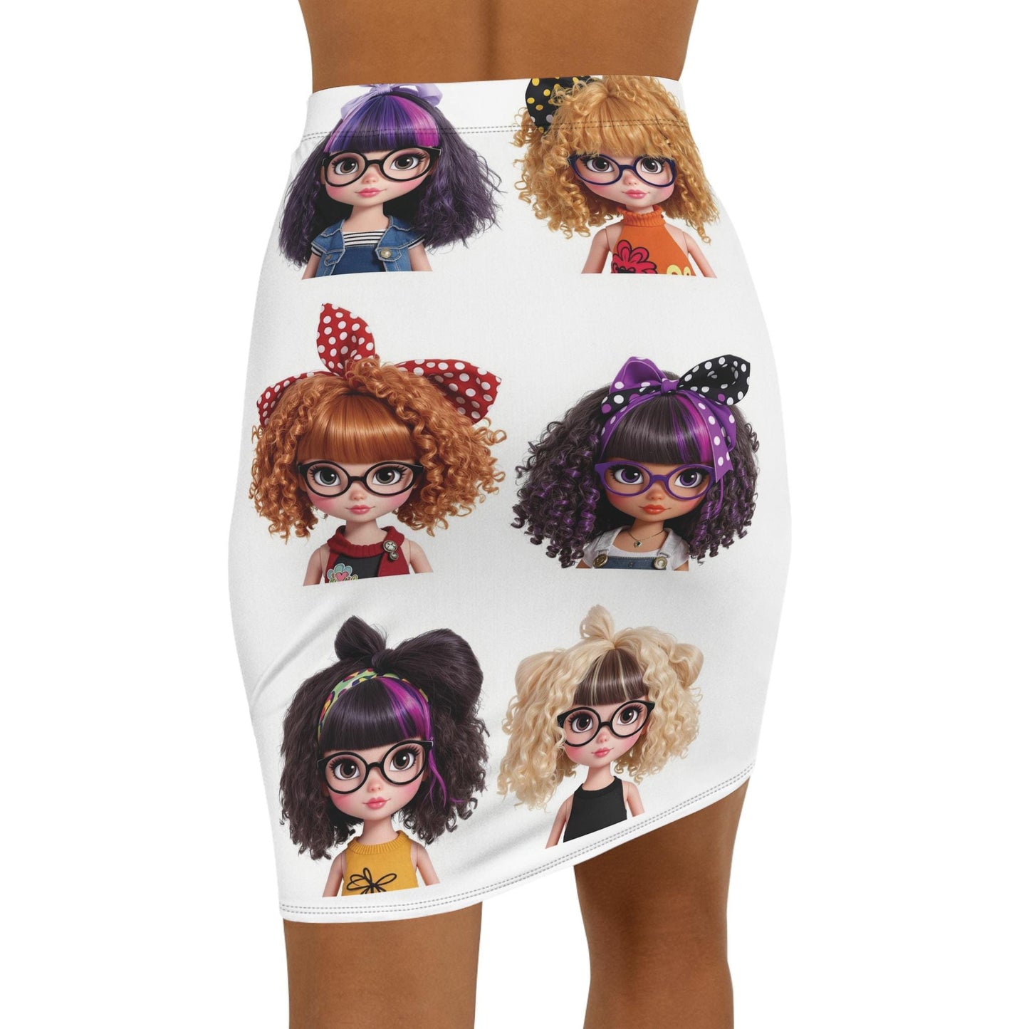 Women Pencil Skirt Kawaii Doll Print, Cute Skirt for Fashion Lovers, Trendy AOP Skirt, Big Hair Short Glasses, Cute Nerdy Girls Gift,