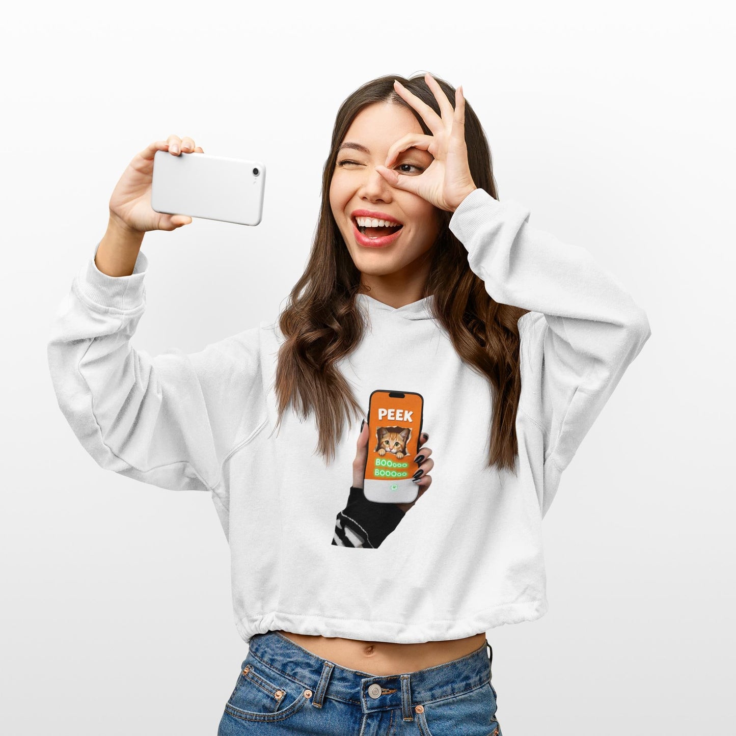 Glow-in-the-Dark Peek-a-Boo Cat Cropped Hoodie: Spooky Halloween Sweatshirt