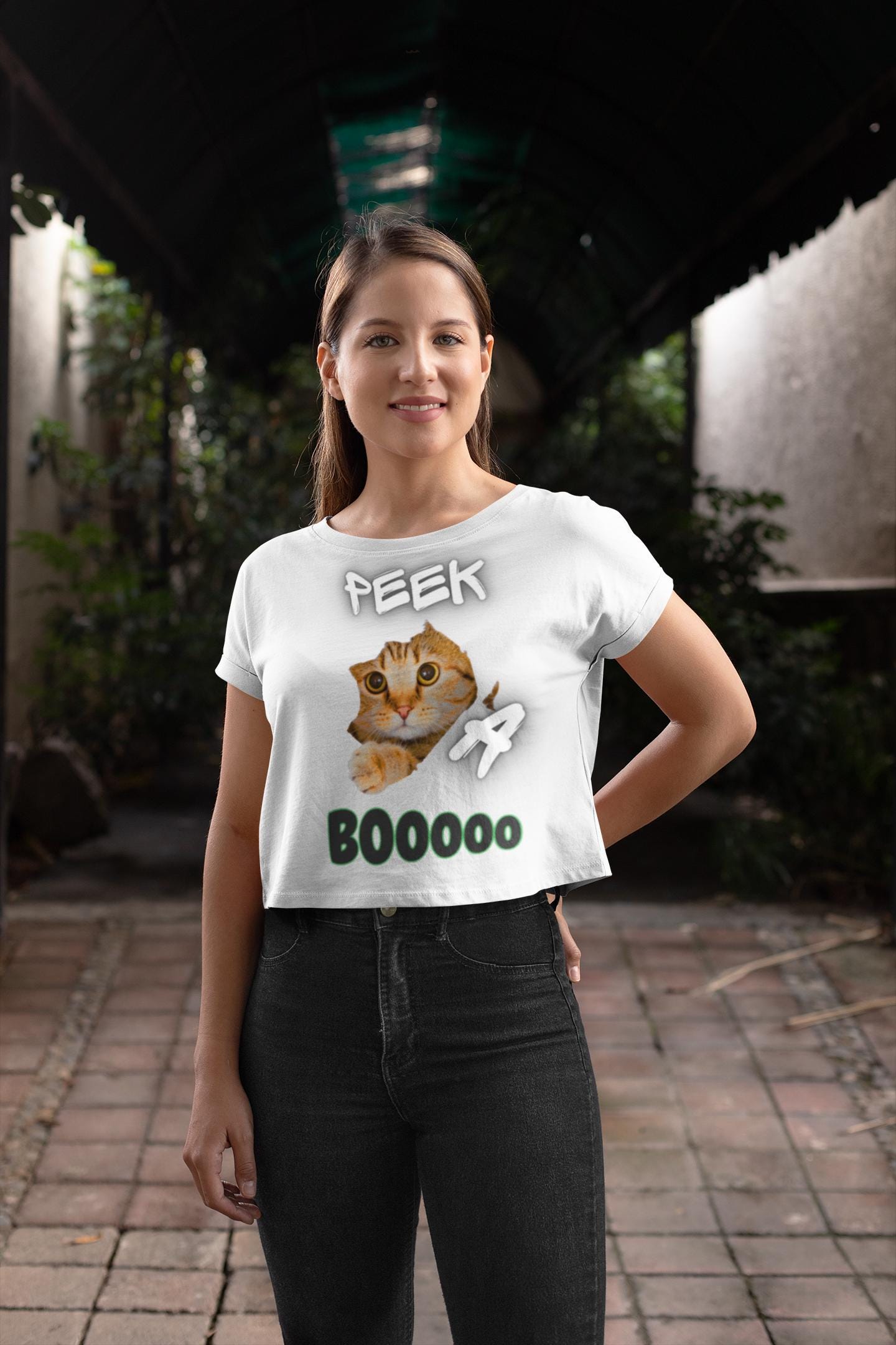 Spooky Cat Crop Tee: Halloween Women's Top, Gift for Cat Lovers
