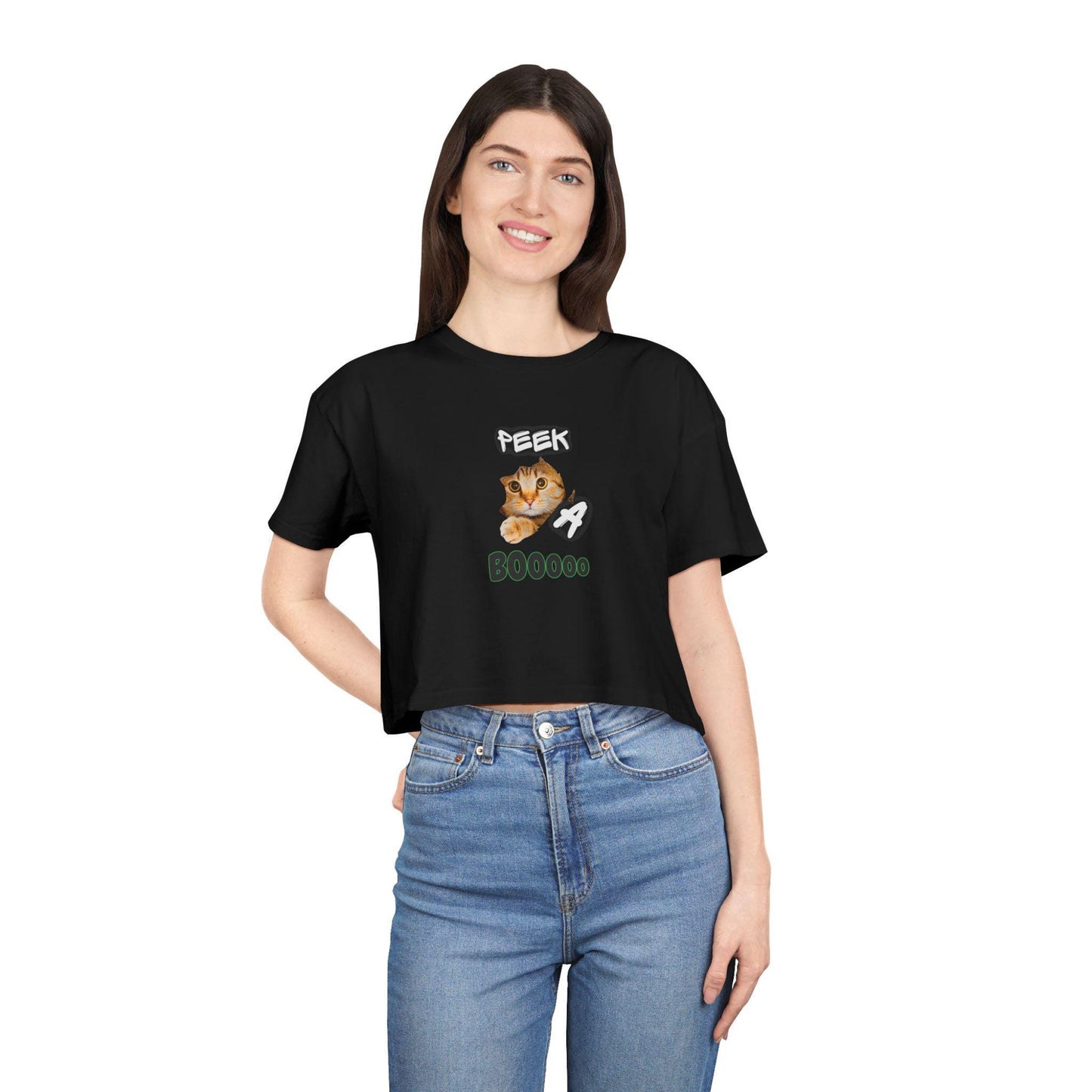 Spooky Cat Crop Tee: Halloween Women's Top, Gift for Cat Lovers