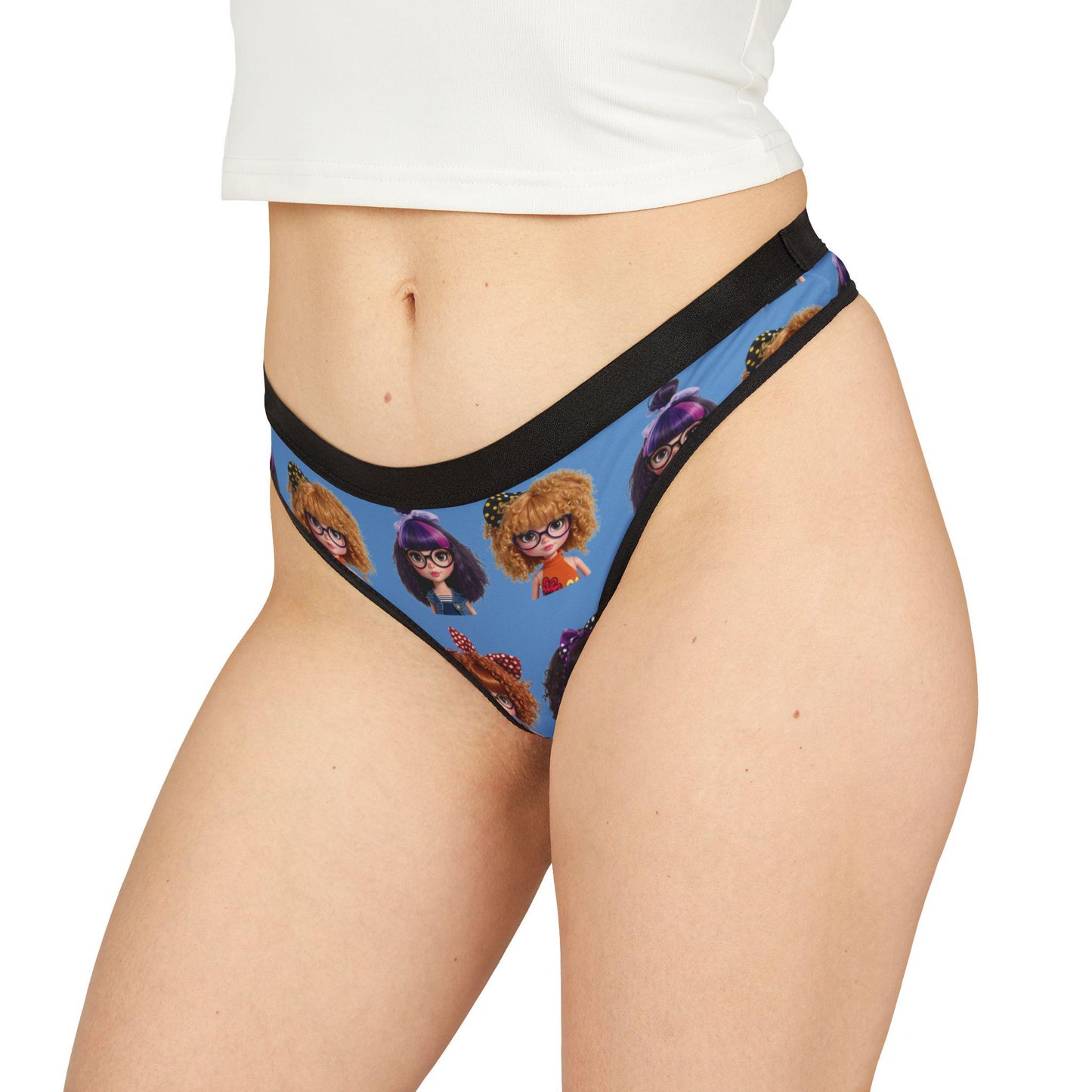 Kawaii Doll Print: Cute Nerdy Girls Thong, Trendy Dolls, Big Hair Short Glasses, gift for her.