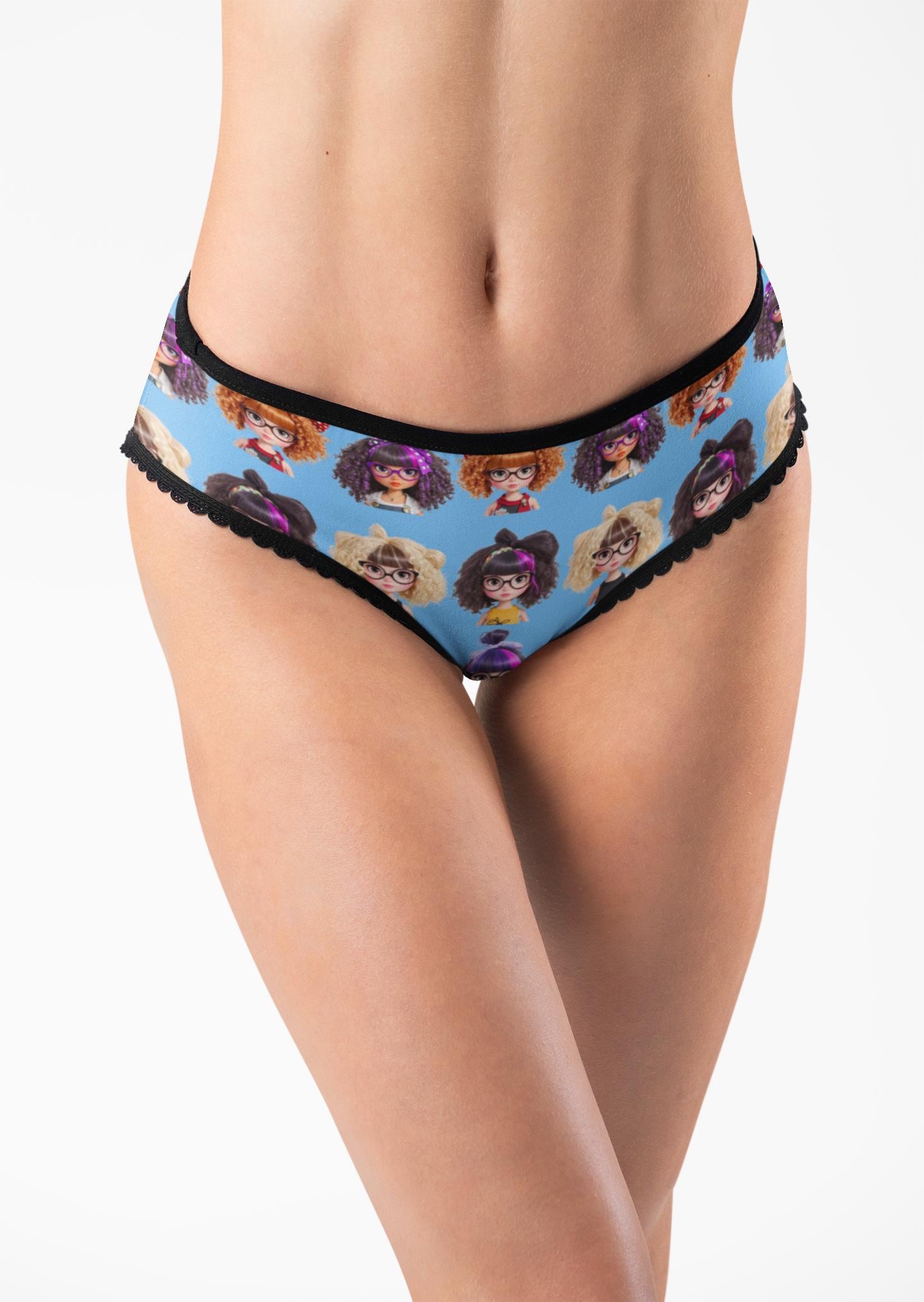 Kawaii Doll Print: Cute Nerdy Girls Thong, Trendy Dolls, Big Hair Short Glasses, gift for her.
