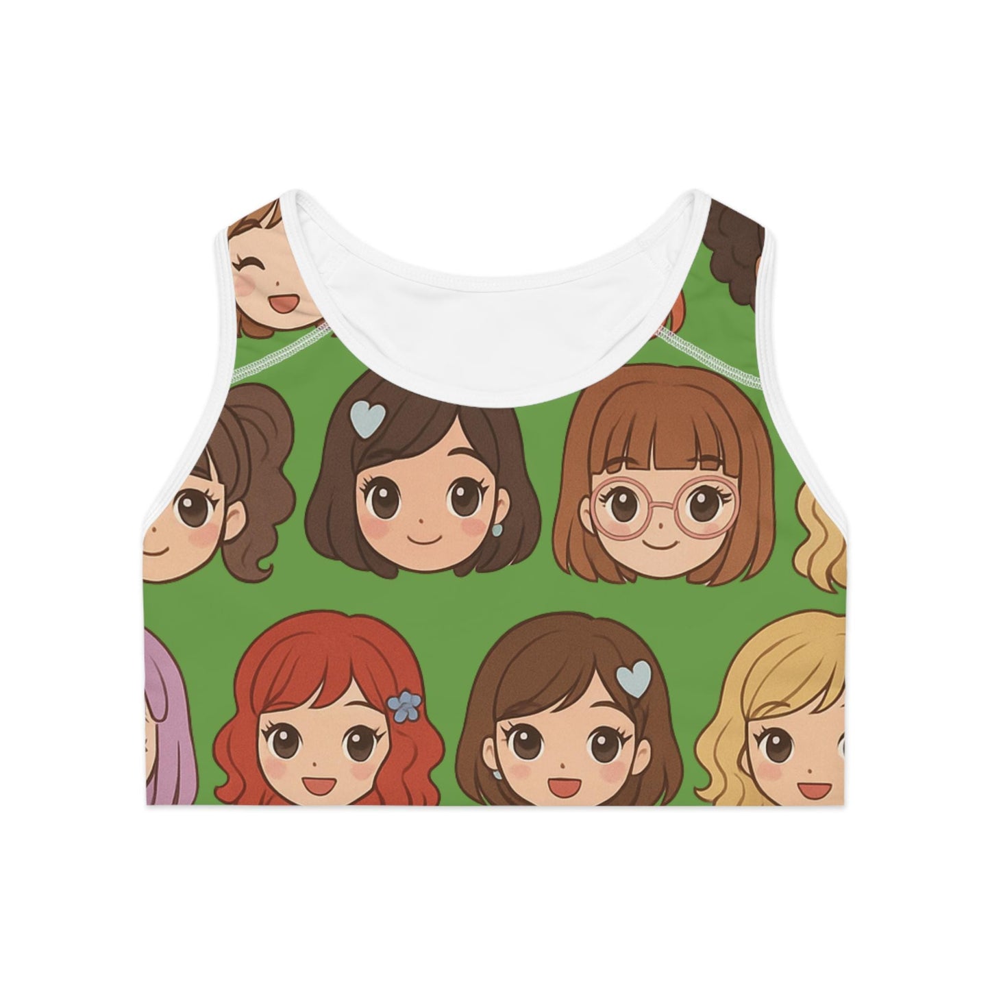 Kawaii Anime Girl Sports Bra, Cute Green Cartoon Print | Comfy Activewear for Anime Lovers