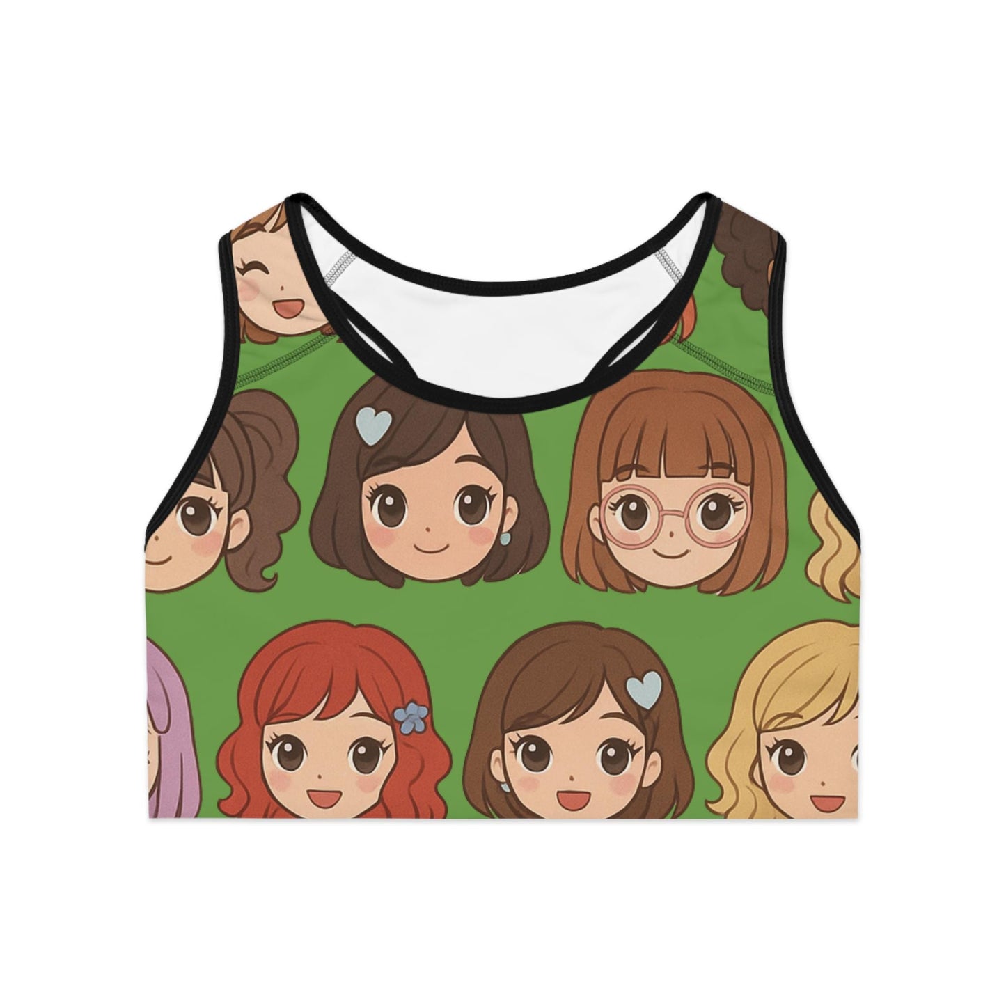Kawaii Anime Girl Sports Bra, Cute Green Cartoon Print | Comfy Activewear for Anime Lovers