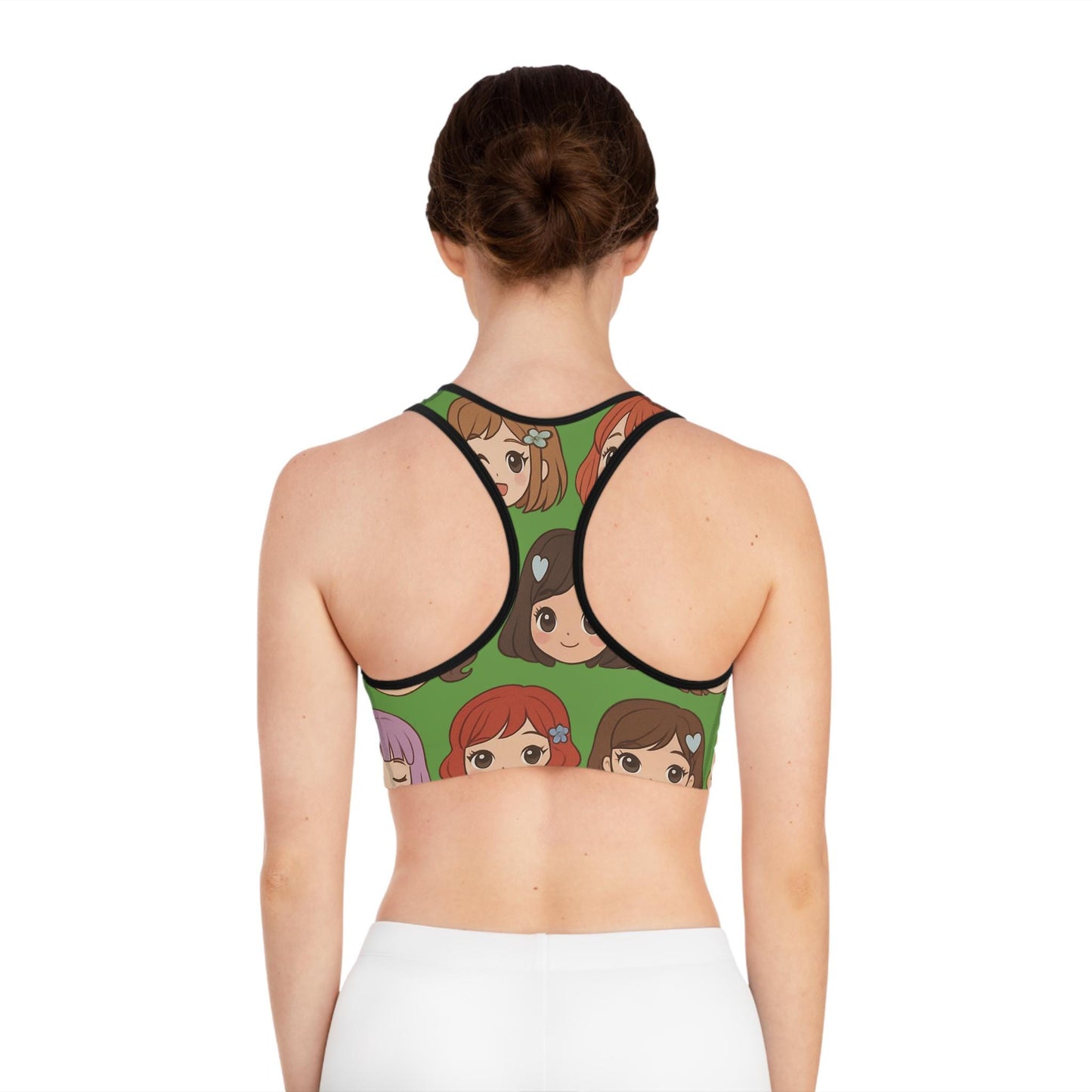 Kawaii Anime Girl Sports Bra, Cute Green Cartoon Print | Comfy Activewear for Anime Lovers