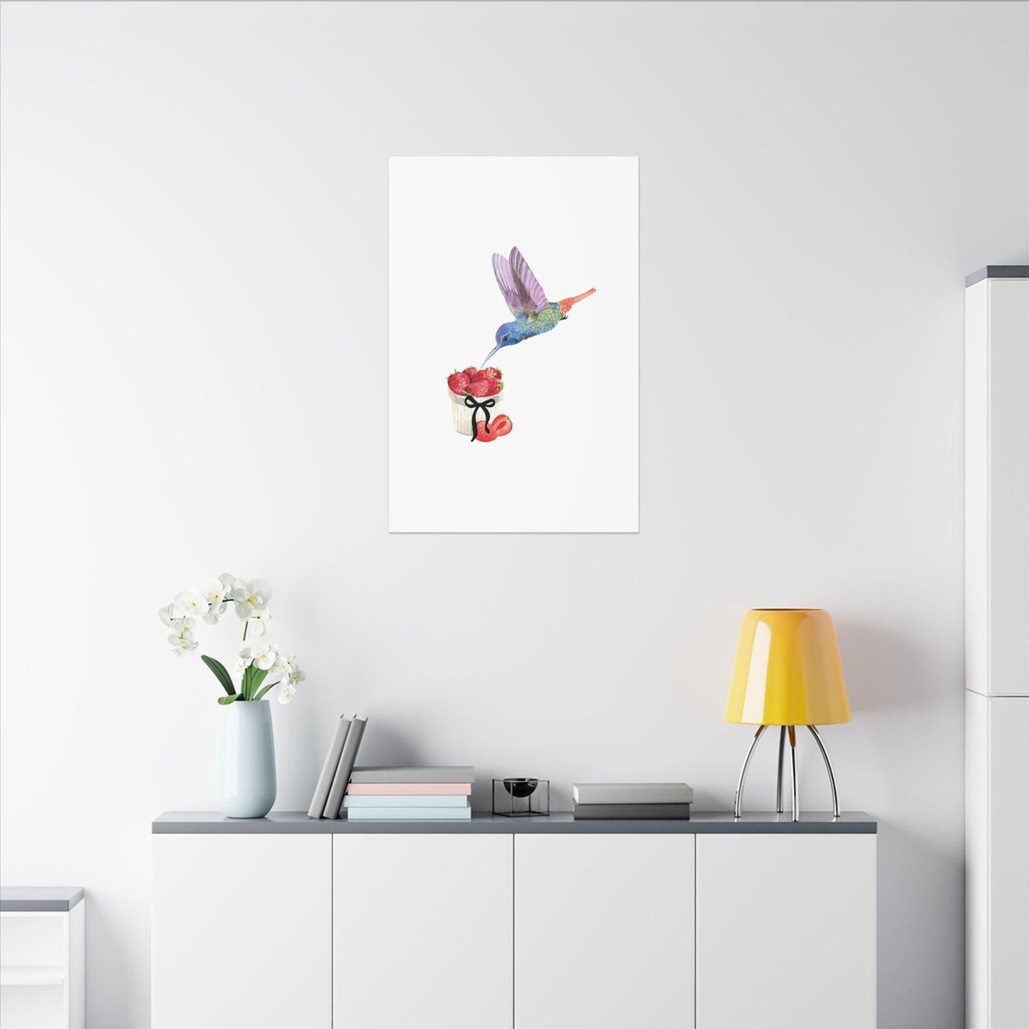 Hummingbird & Strawberries Wall Art. Small, Medium and Large Vertical Canvas Print. Nature Kitchen Decor, Bird and Fruit Watercolor Painting