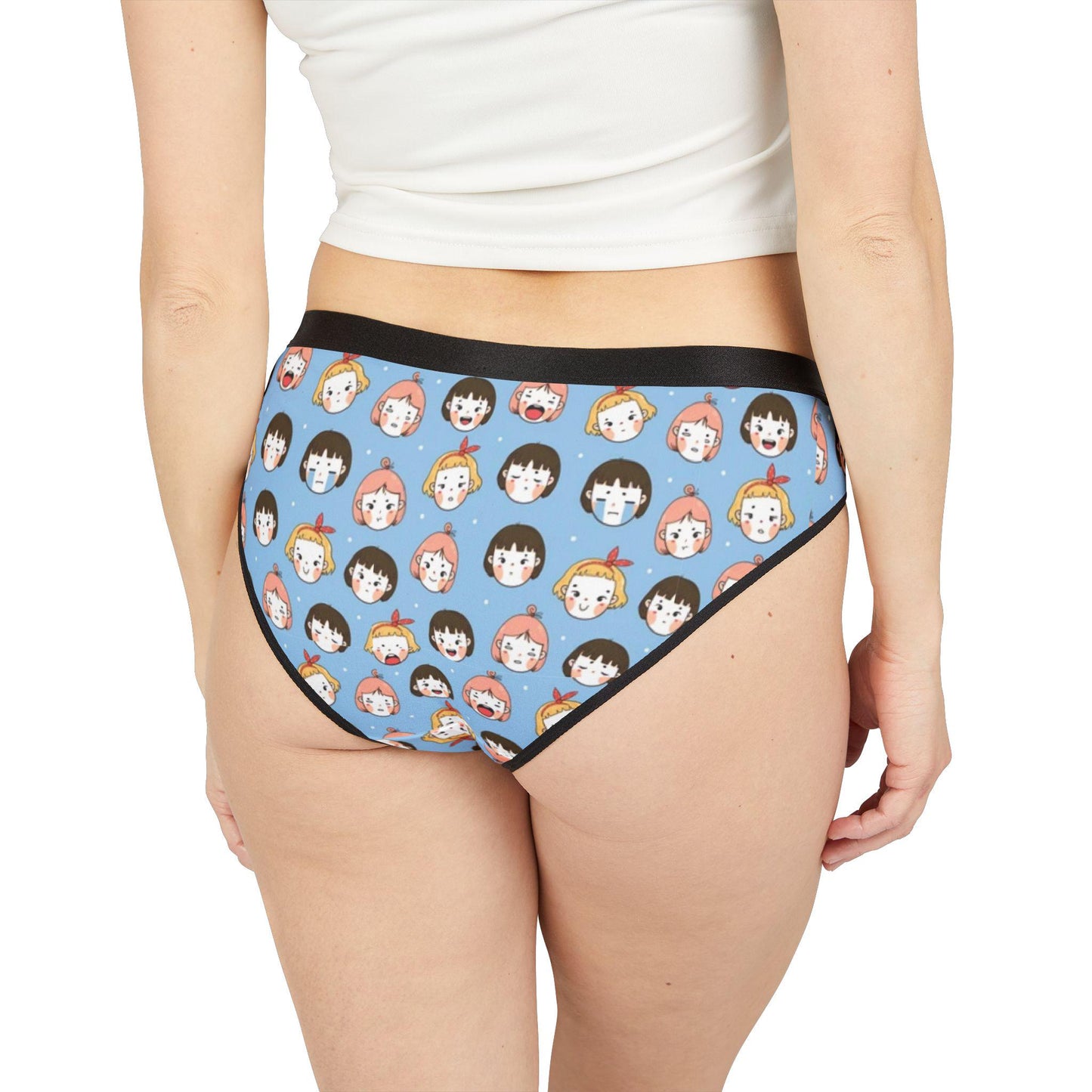 Kawaii Anime Face Briefs: Blue Cartoon Panties for Quirky Cosplay, Otaku Gift, Expressive Underwear