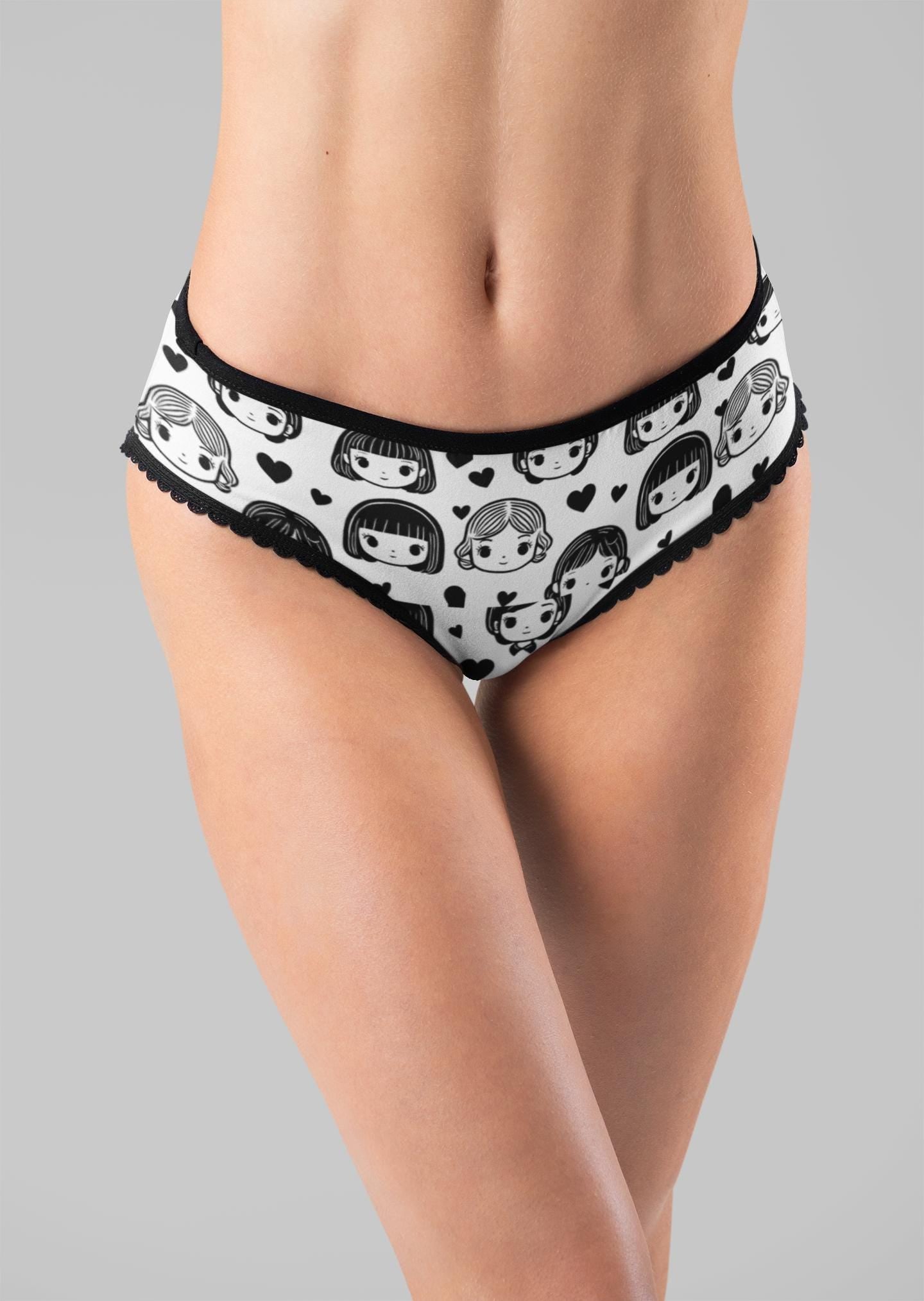 Black & White Anime Girl Thong - Kawaii Chibi Panties with Hearts, Cute Japanese Otaku Lingerie