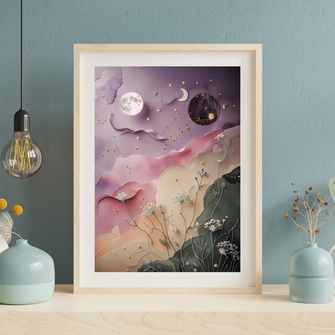 Celestial Botanical Print: Moon, Stars & Flowers (Digital Download)