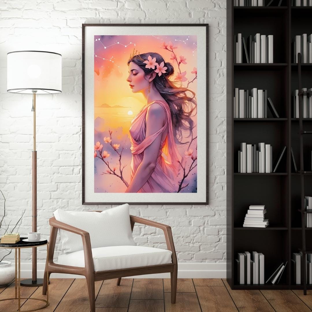 Eos Goddess Sunrise Print: Feminine Floral Mythology Art (Digital Download