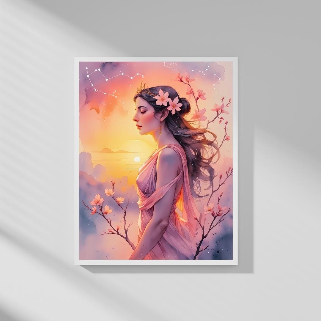 Eos Goddess Sunrise Print: Feminine Floral Mythology Art (Digital Download