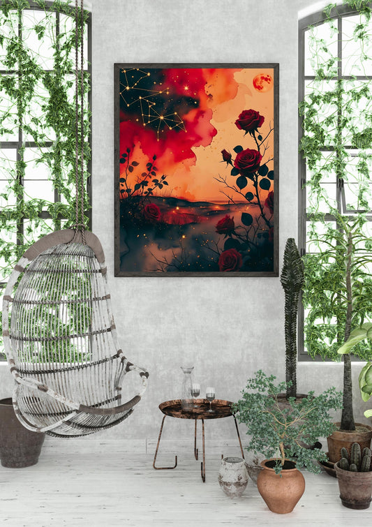 Celestial Ares Mythology Print: Crimson Constellations with Red Moon and Roses Digital Download