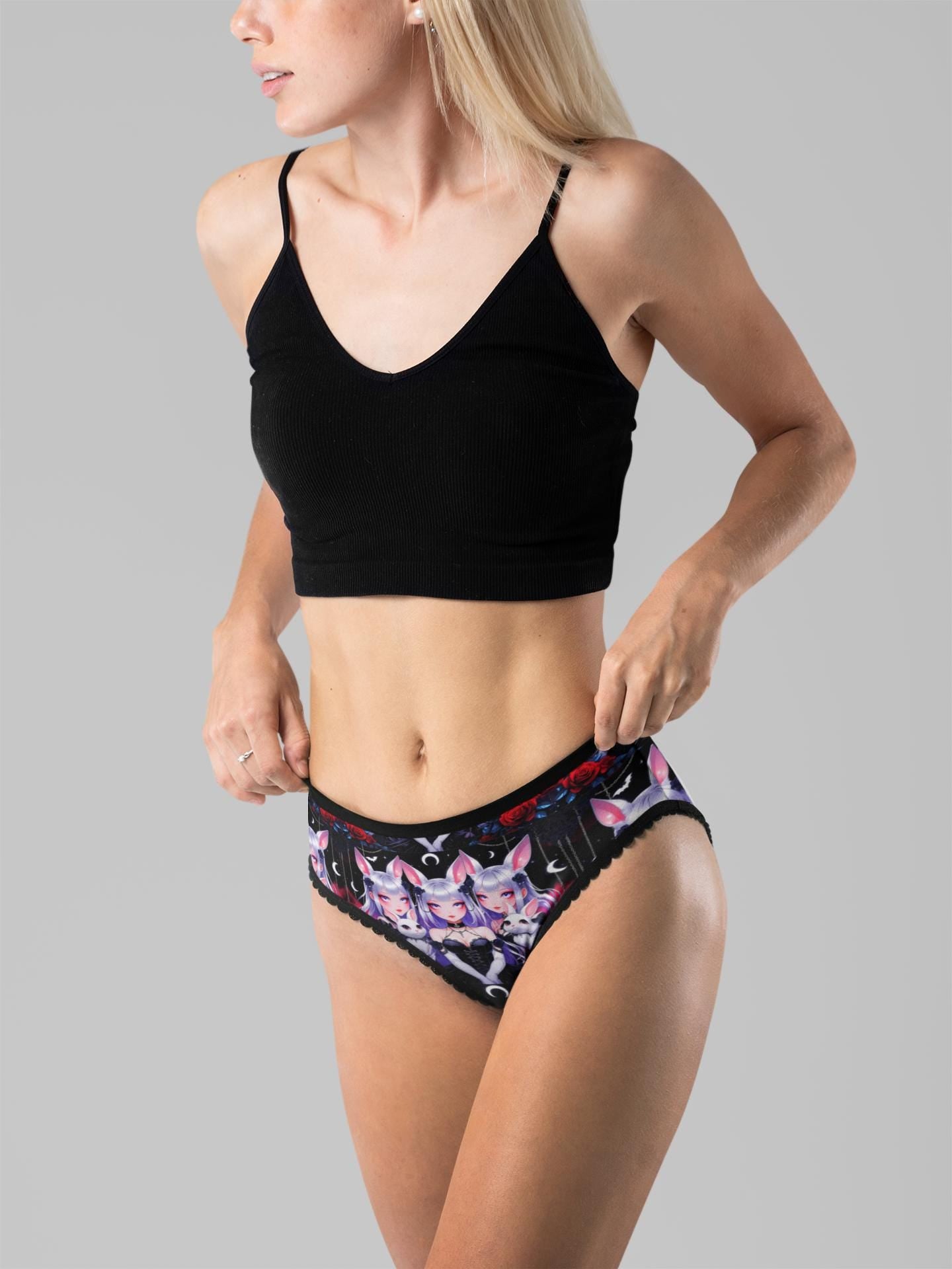 Gothic Kawaii Thong: Bunny Cat Girl, Roses, Hearts, Stars