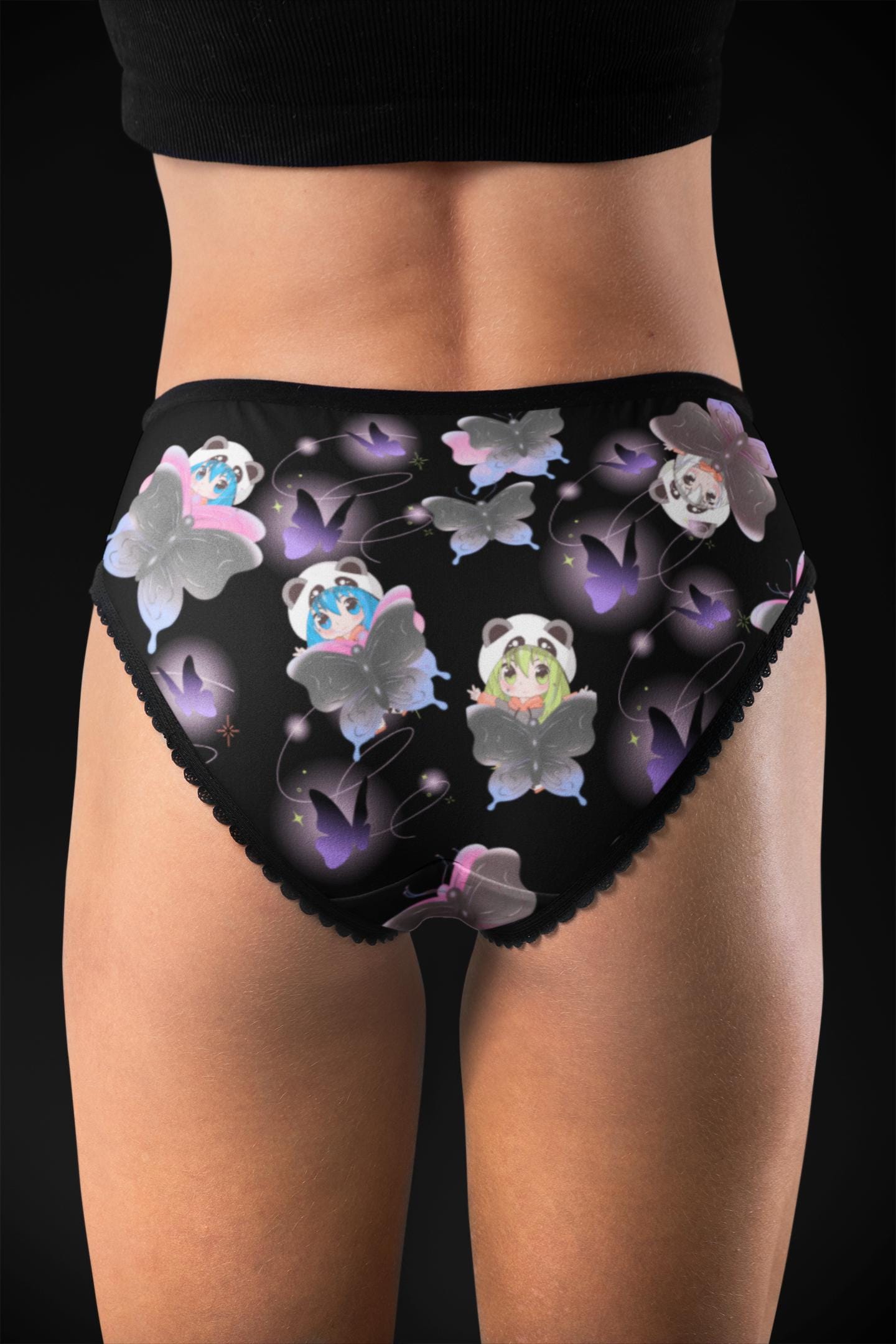 Anime Girl Butterfly Panties. Kawaii Bikini Briefs, Black-Purple Lingerie, Cosplay Underwear Gift