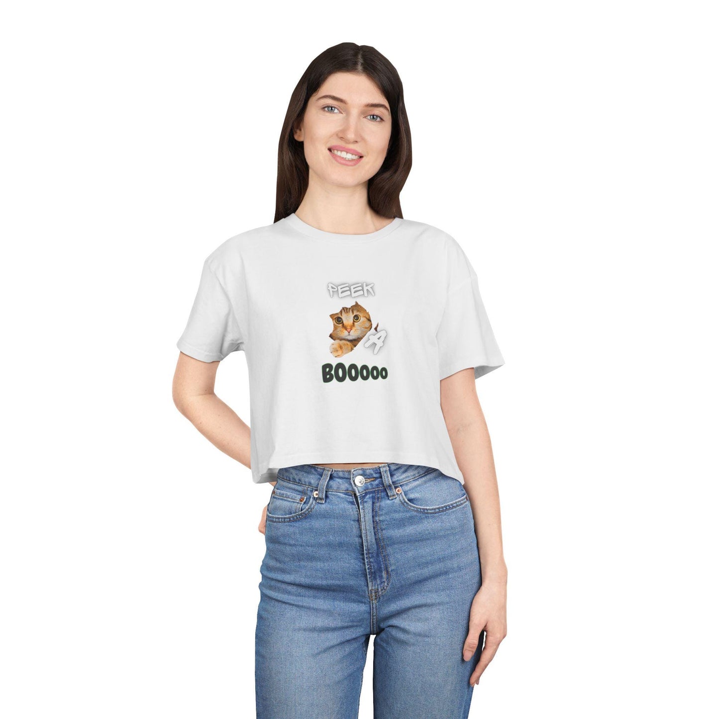 Spooky Cat Crop Tee: Halloween Women's Top, Gift for Cat Lovers