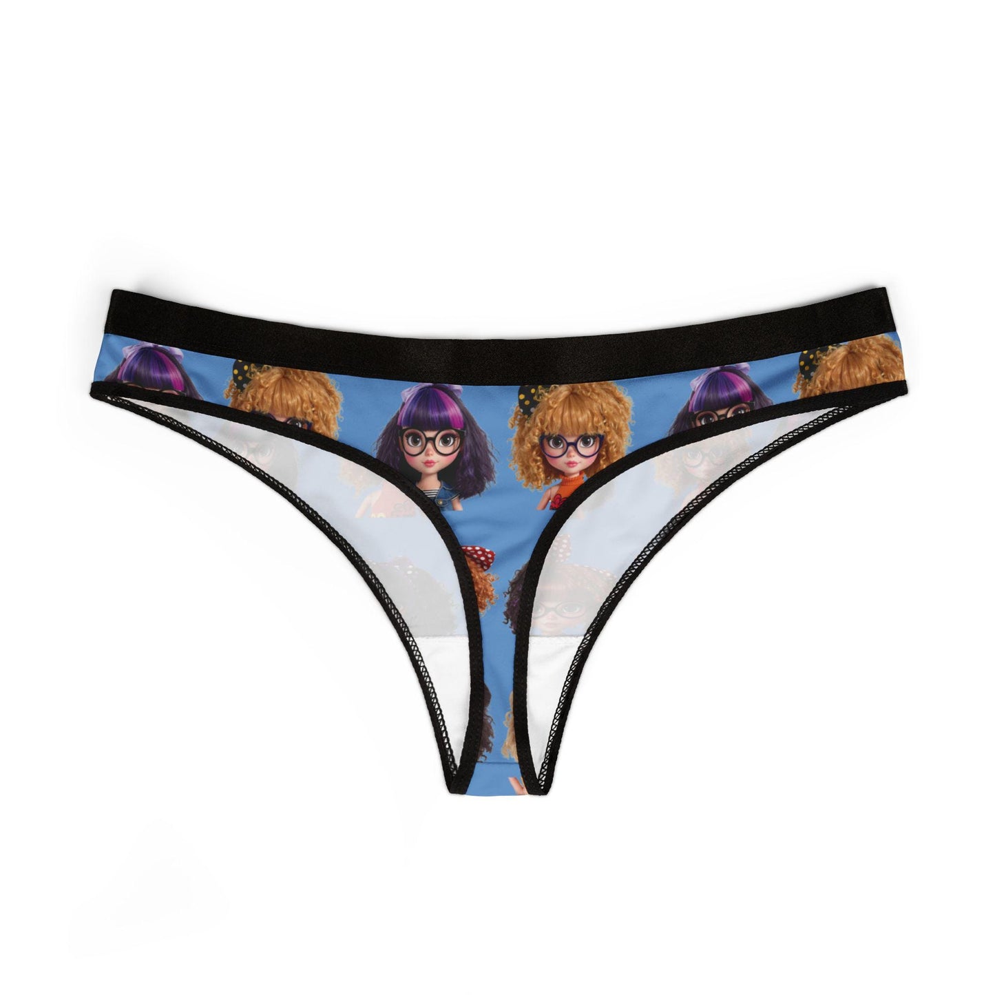 Kawaii Doll Print: Cute Nerdy Girls Thong, Trendy Dolls, Big Hair Short Glasses, gift for her.