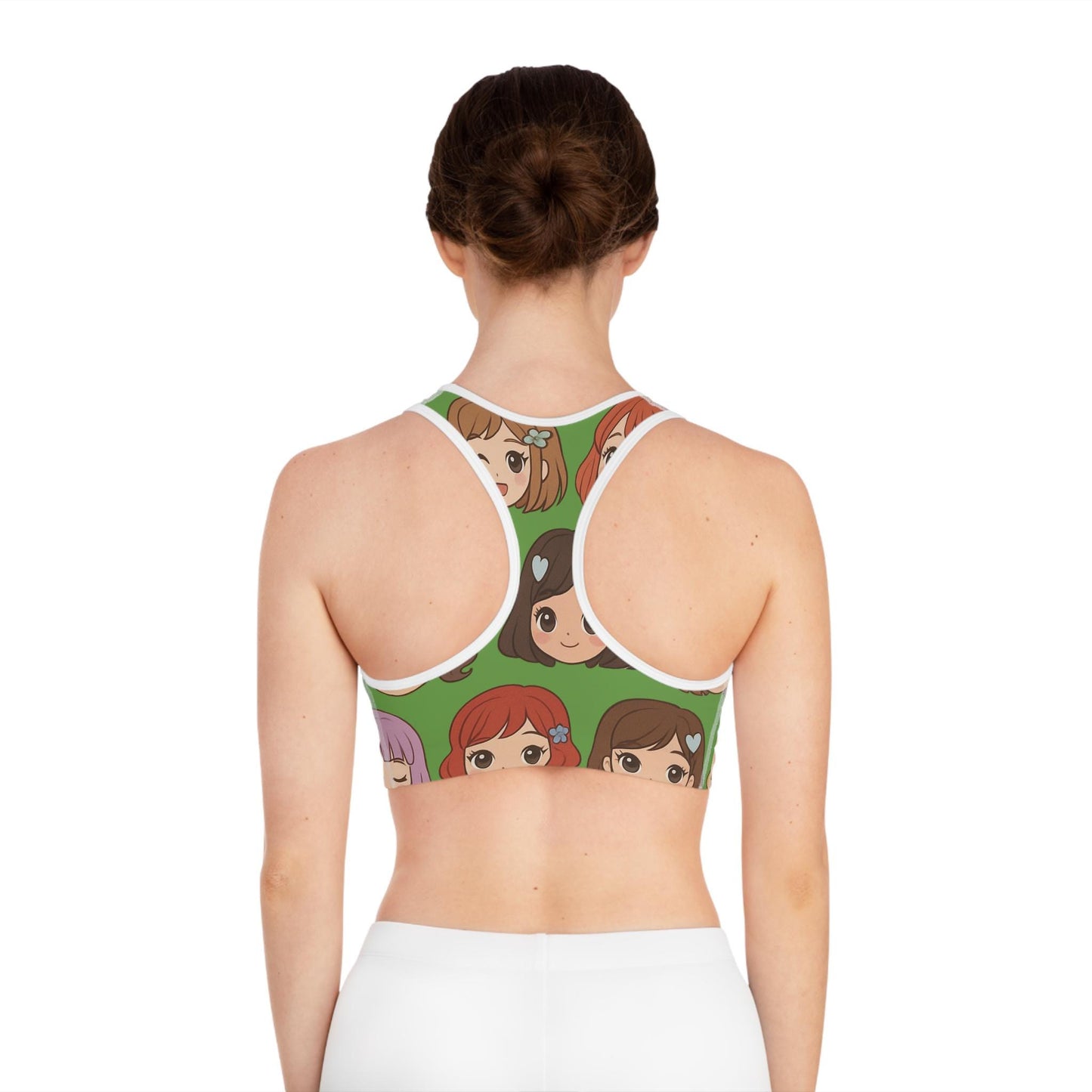 Kawaii Anime Girl Sports Bra, Cute Green Cartoon Print | Comfy Activewear for Anime Lovers