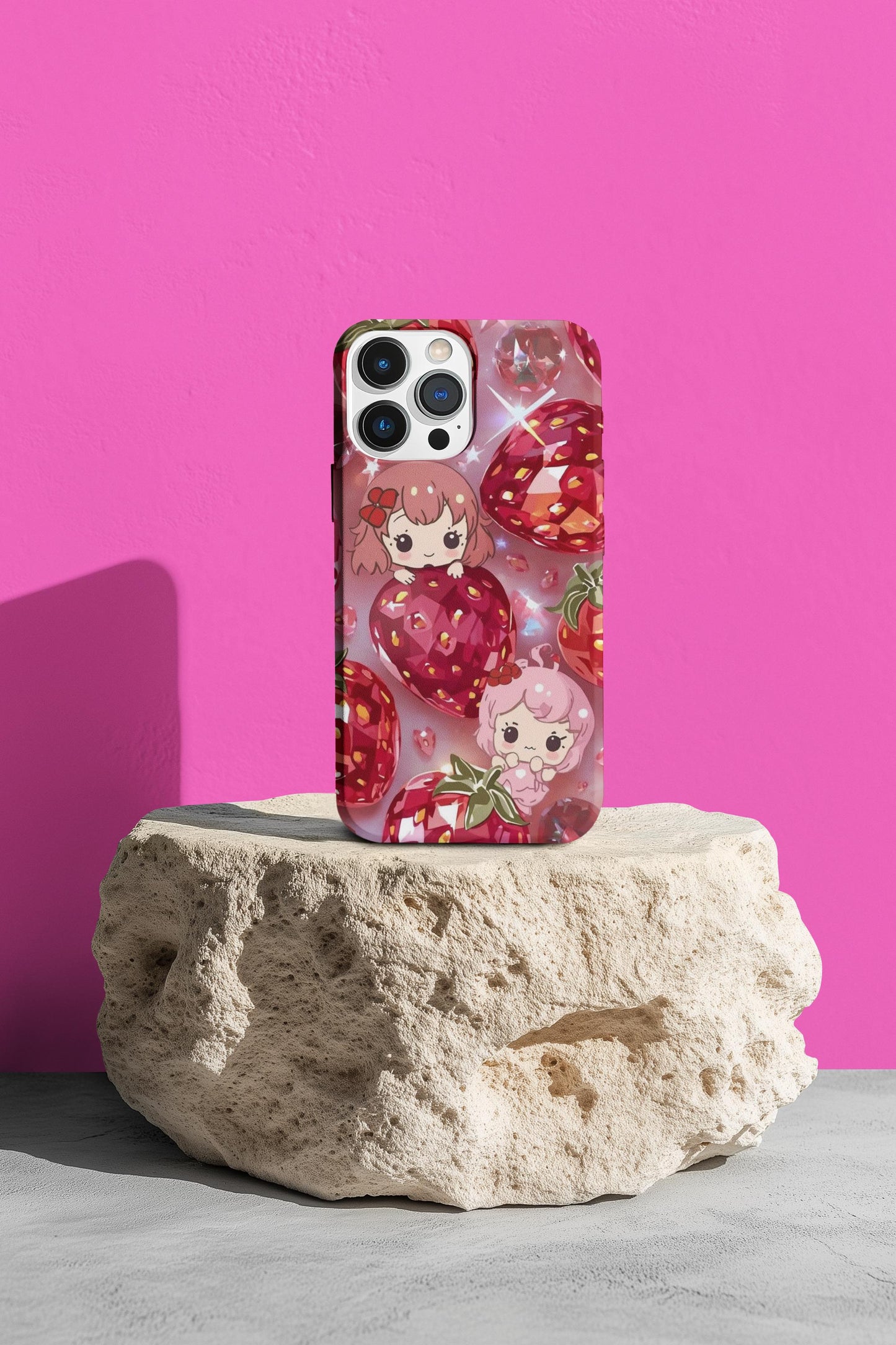 Kawaii Strawberry iPhone 14 Case, Stained Glass Cute Tough Phone Case | Aesthetic Pastel Pink Custom Cover, Fun Gift, Berry Decor