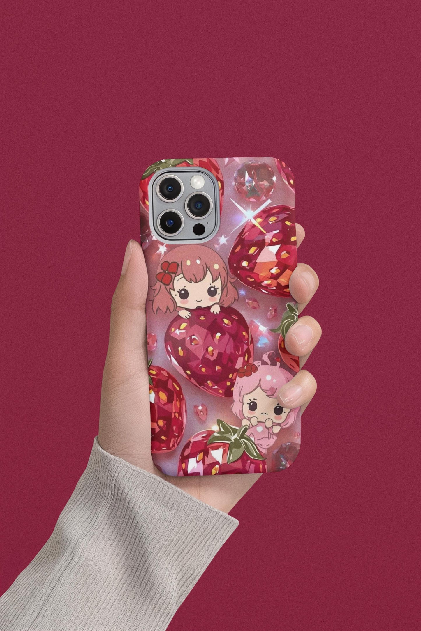Kawaii Strawberry iPhone 14 Case, Stained Glass Cute Tough Phone Case | Aesthetic Pastel Pink Custom Cover, Fun Gift, Berry Decor