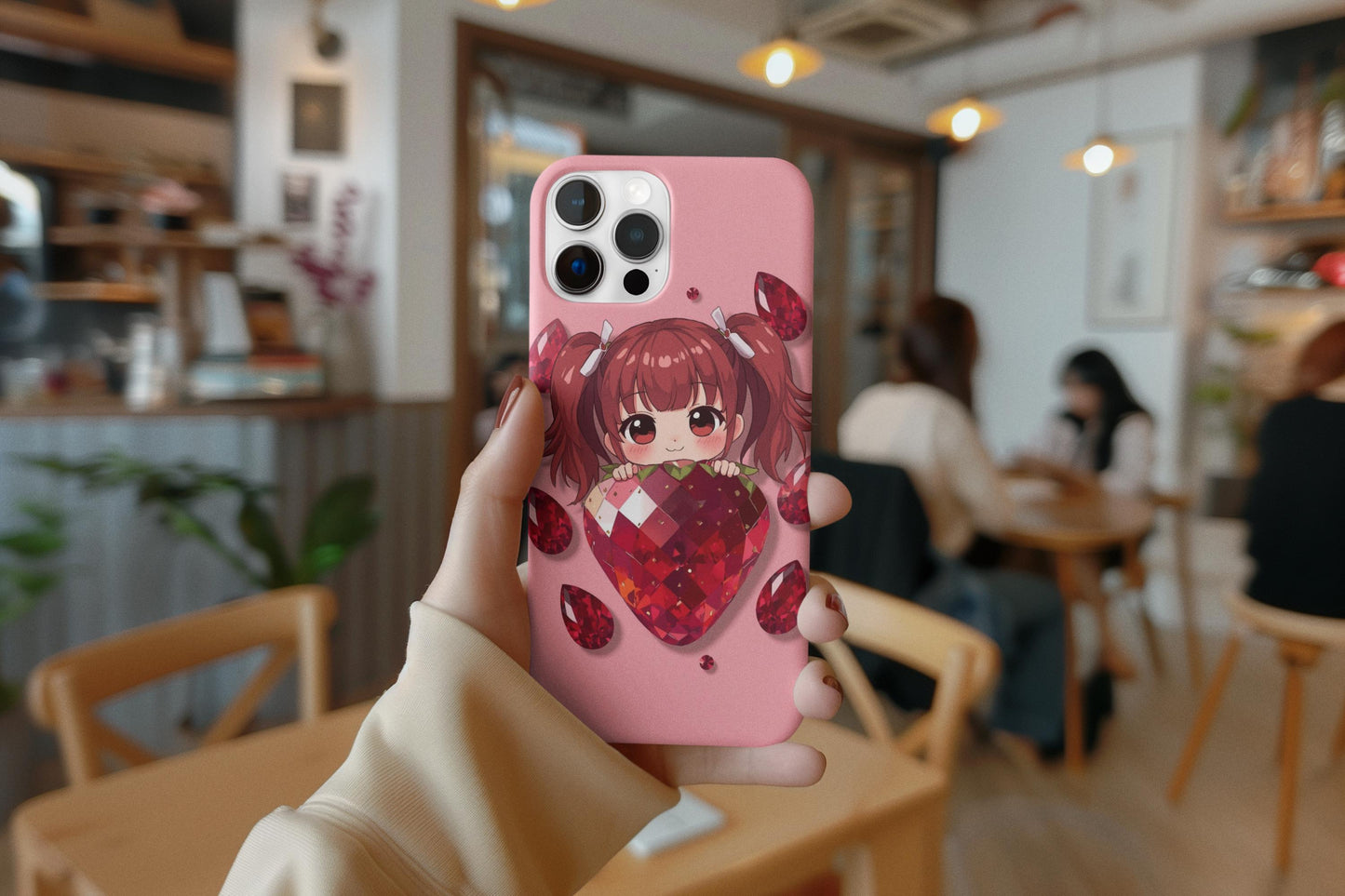 Kawaii Strawberry Girl iPhone 14 Case, Cute Pink Phone Cover | Stained Glass Aesthetic, Tough Phone Case, Fun Gift for Teens