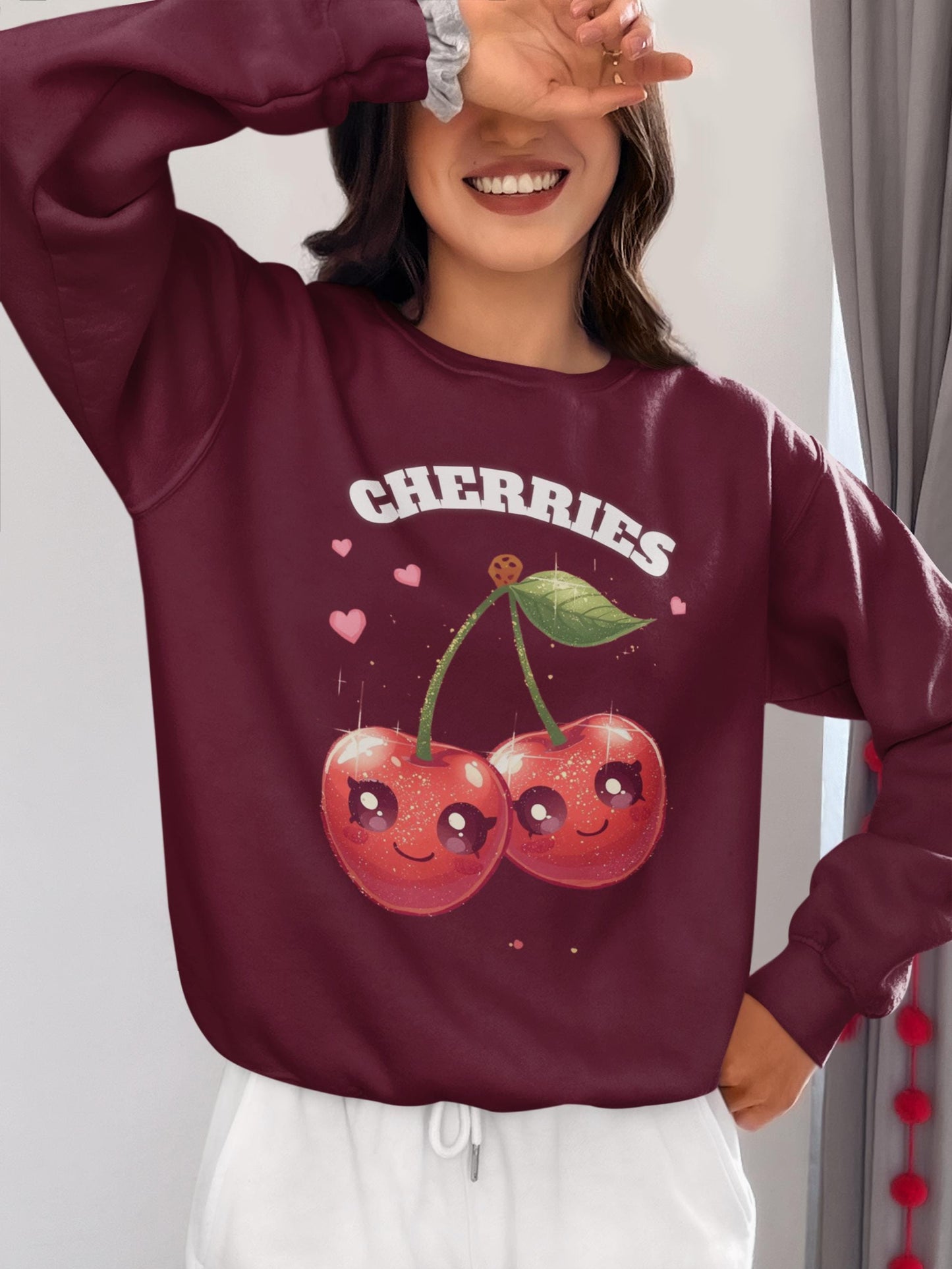 Kawaii Cherry Crewneck: Cozy Unisex Fleece Pullover for Fruit Lovers, Fall Fashion Gift