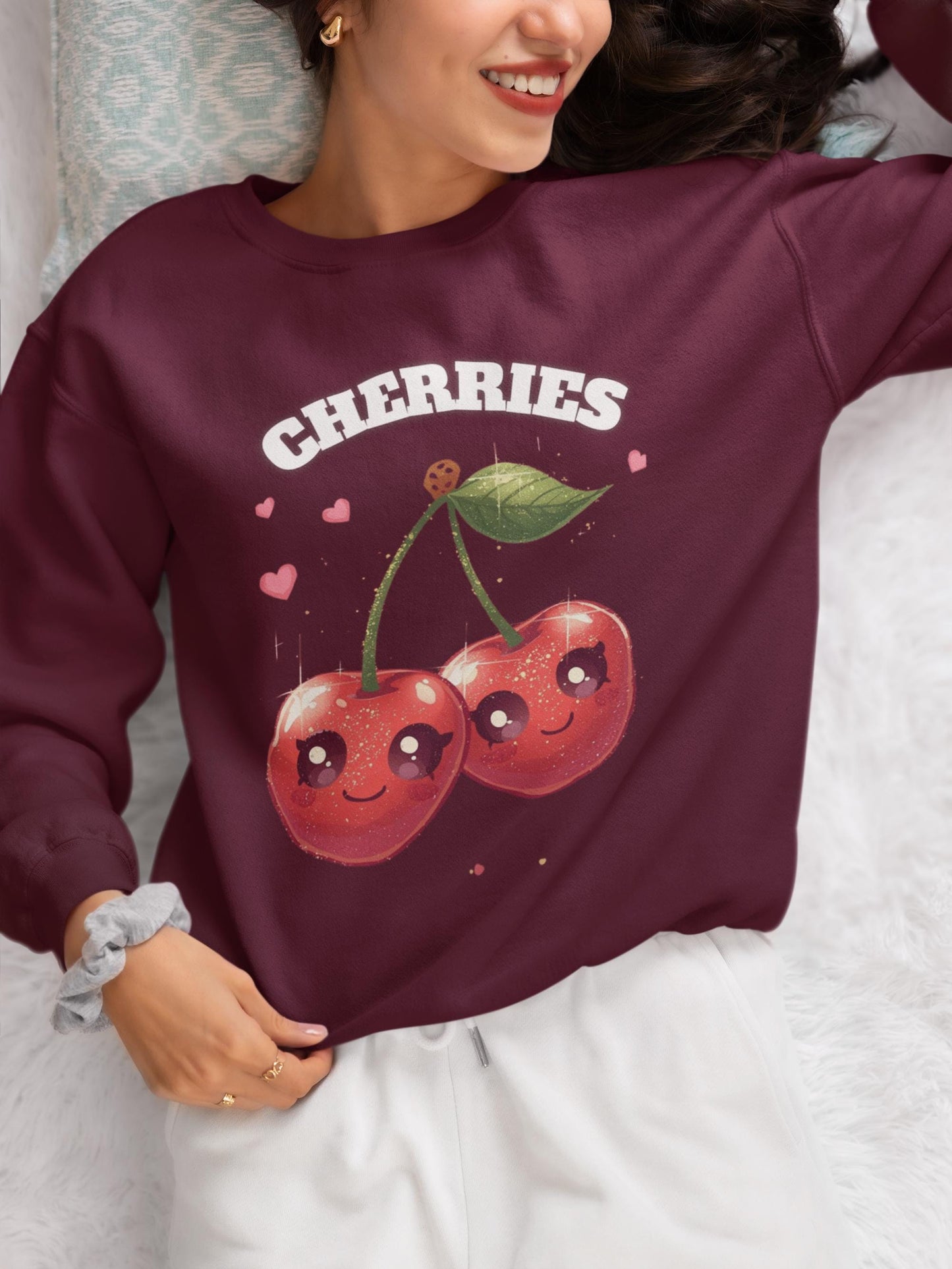 Kawaii Cherry Crewneck: Cozy Unisex Fleece Pullover for Fruit Lovers, Fall Fashion Gift