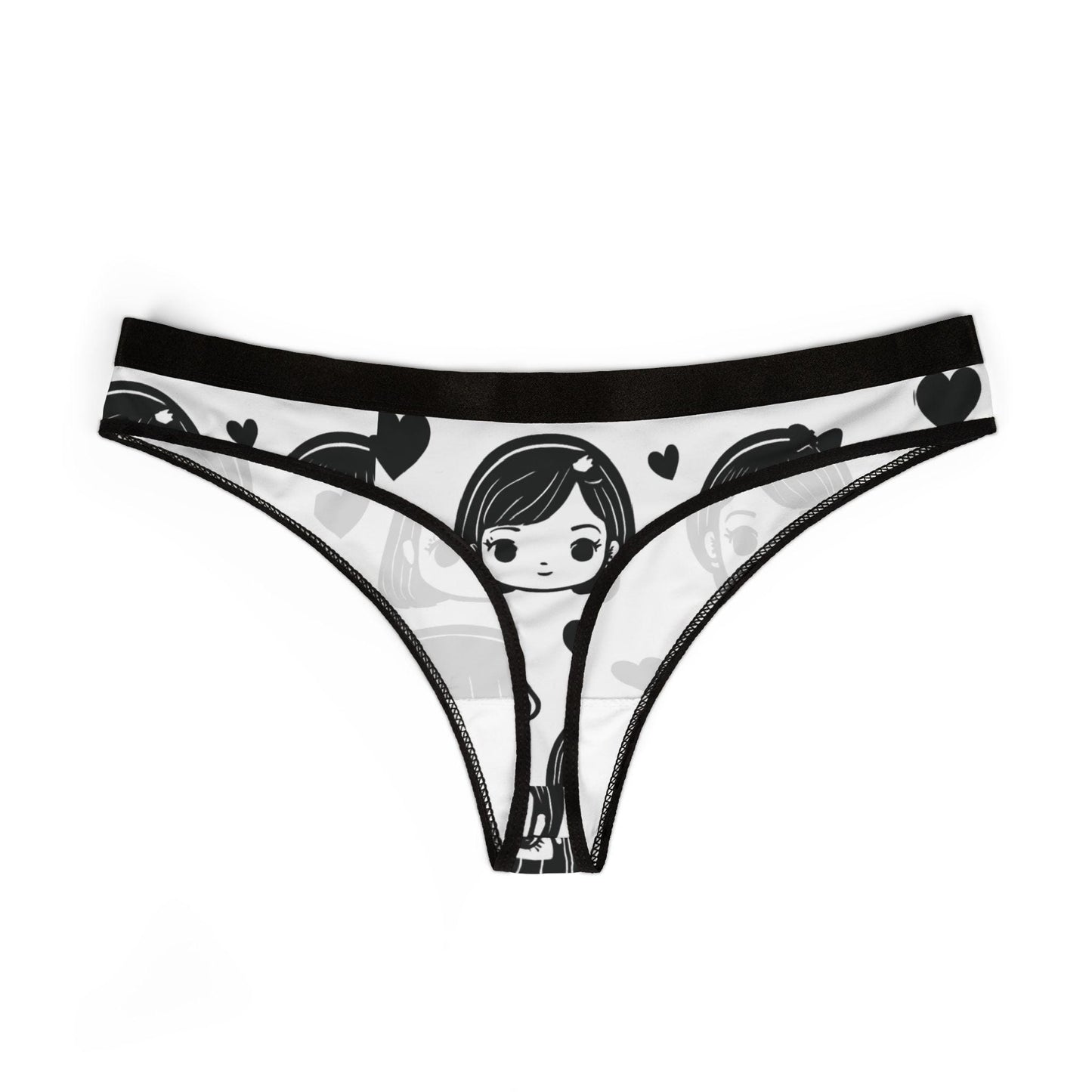 Black & White Anime Girl Thong - Kawaii Chibi Panties with Hearts, Cute Japanese Otaku Lingerie