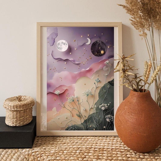 Celestial Botanical Print: Moon, Stars & Flowers (Digital Download)