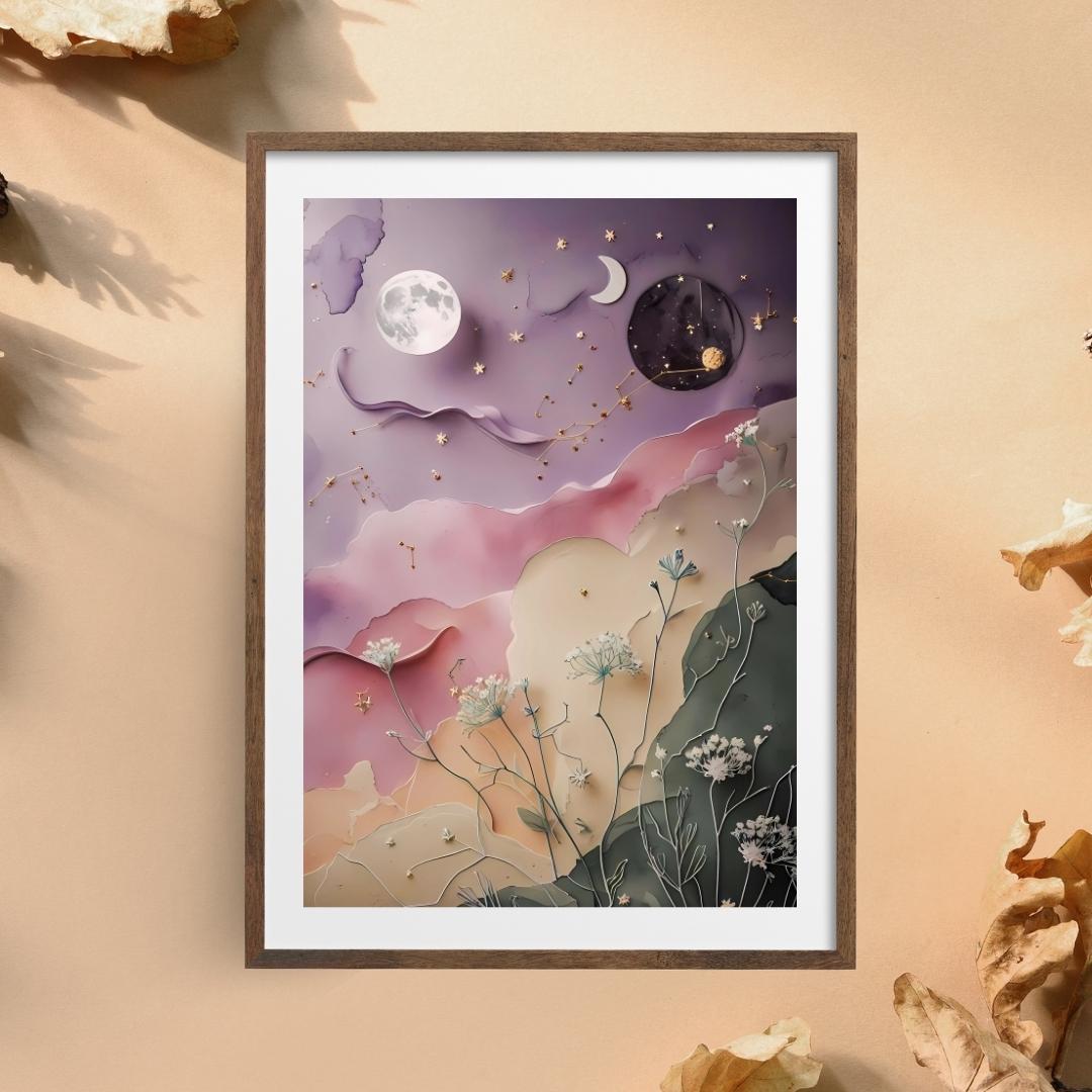 Celestial Botanical Print: Moon, Stars & Flowers (Digital Download)