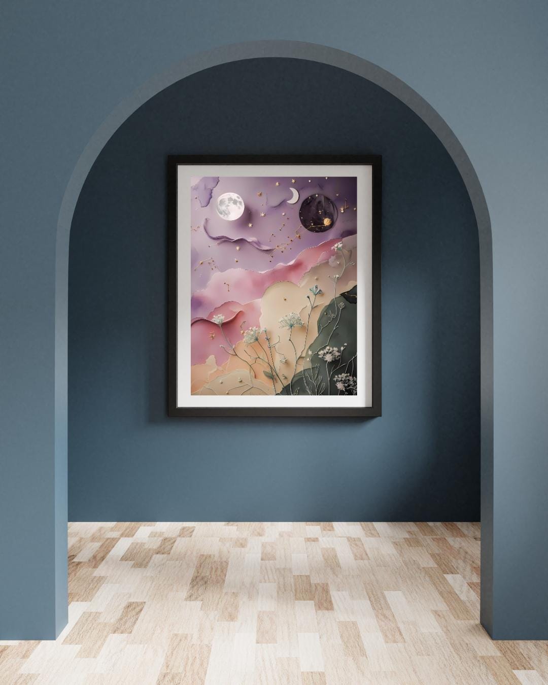 Celestial Botanical Print: Moon, Stars & Flowers (Digital Download)