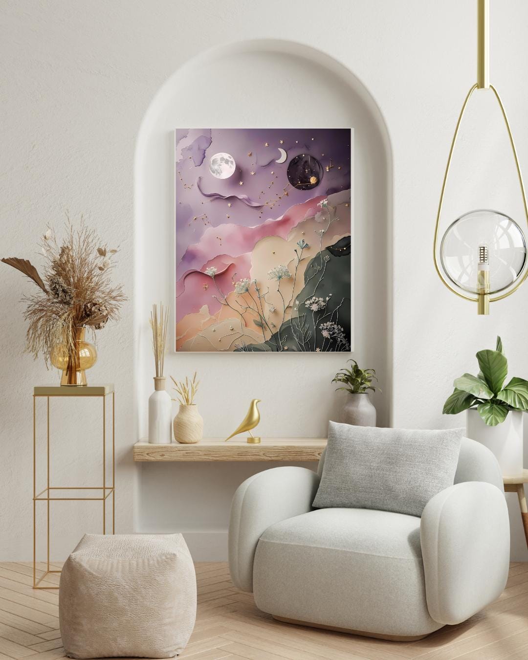 Celestial Botanical Print: Moon, Stars & Flowers (Digital Download)