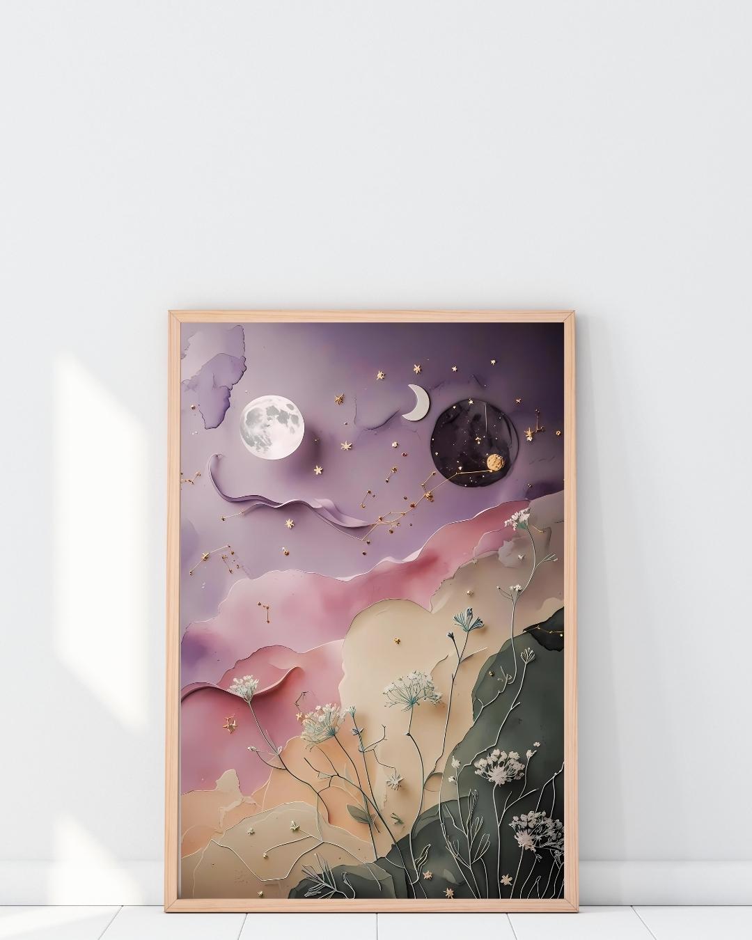 Celestial Botanical Print: Moon, Stars & Flowers (Digital Download)