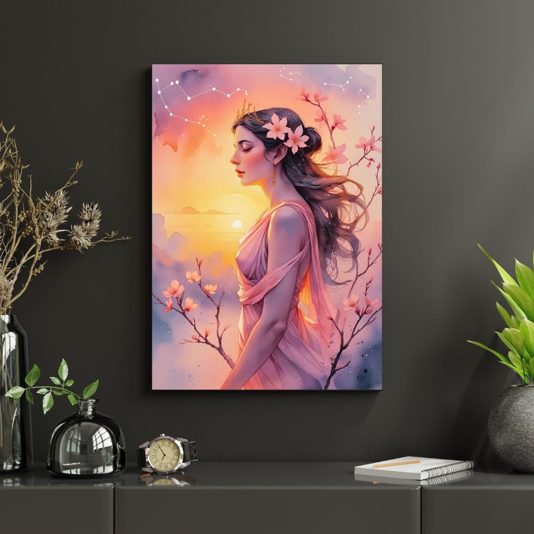 Eos Goddess Sunrise Print: Feminine Floral Mythology Art (Digital Download