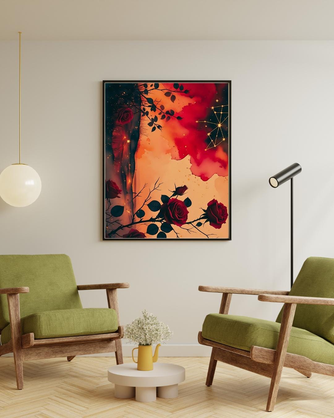 Celestial Ares Mythology Print: Crimson Constellations with Red Moon and Roses Digital Download