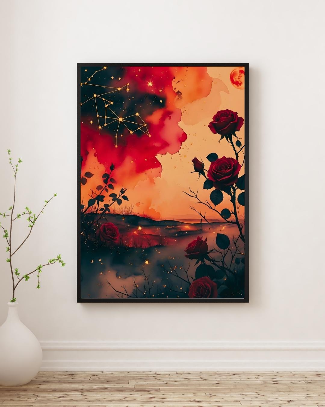 Celestial Ares Mythology Print: Crimson Constellations with Red Moon and Roses Digital Download