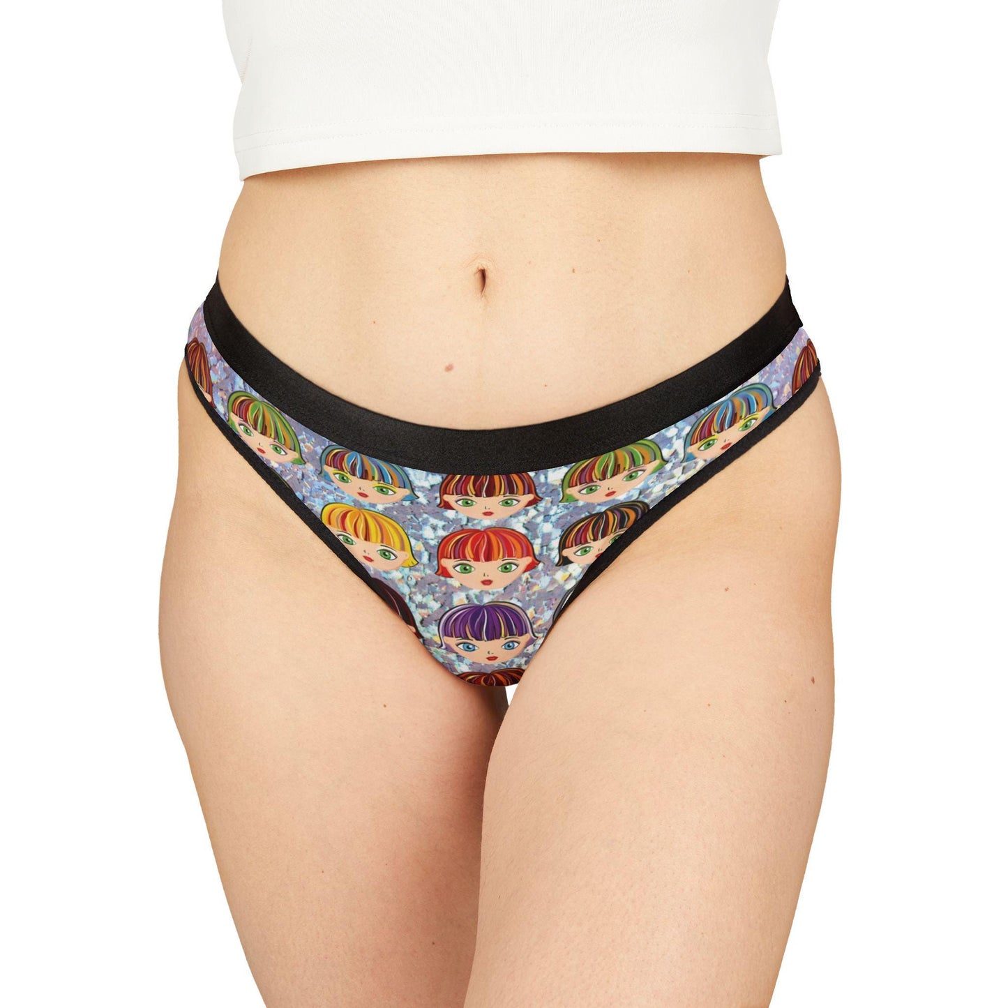 Vibrant Anime Girl Glitter Thong: Kawaii Otaku Lingerie with Colorful Hair Design