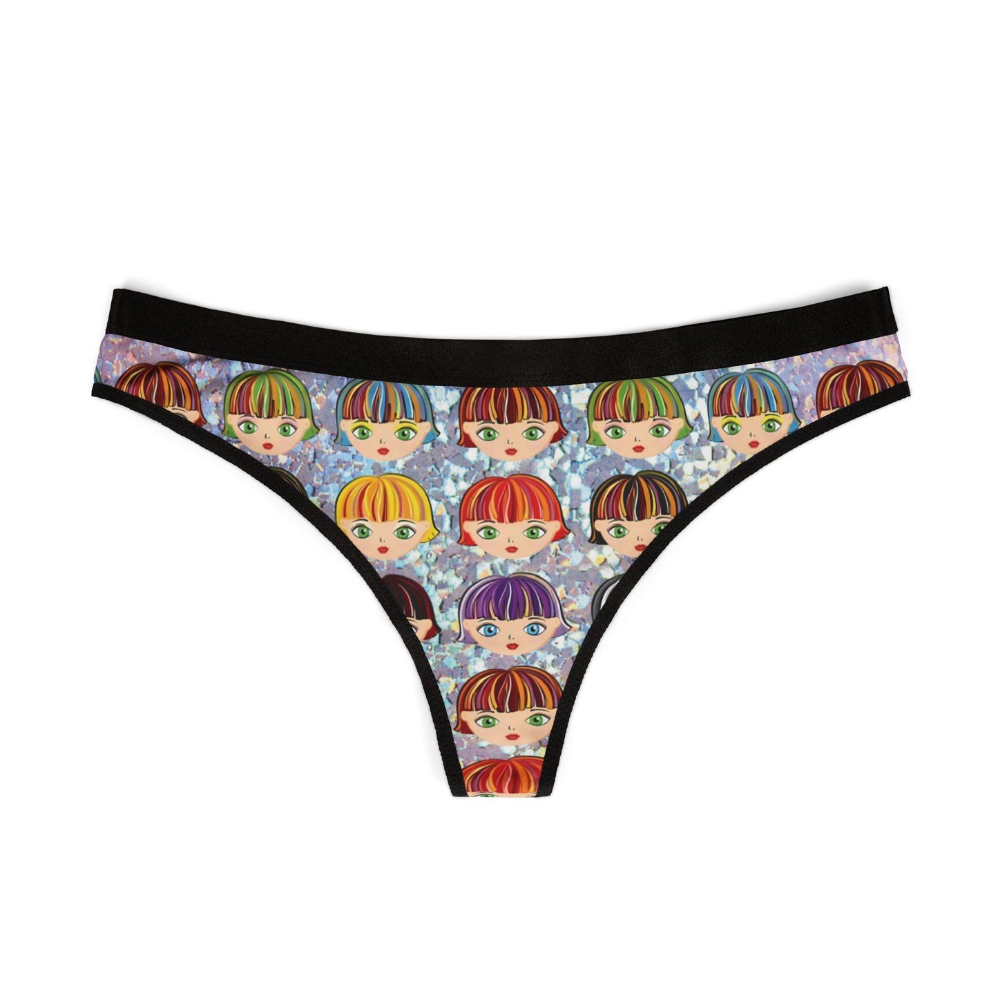 Vibrant Anime Girl Glitter Thong: Kawaii Otaku Lingerie with Colorful Hair Design
