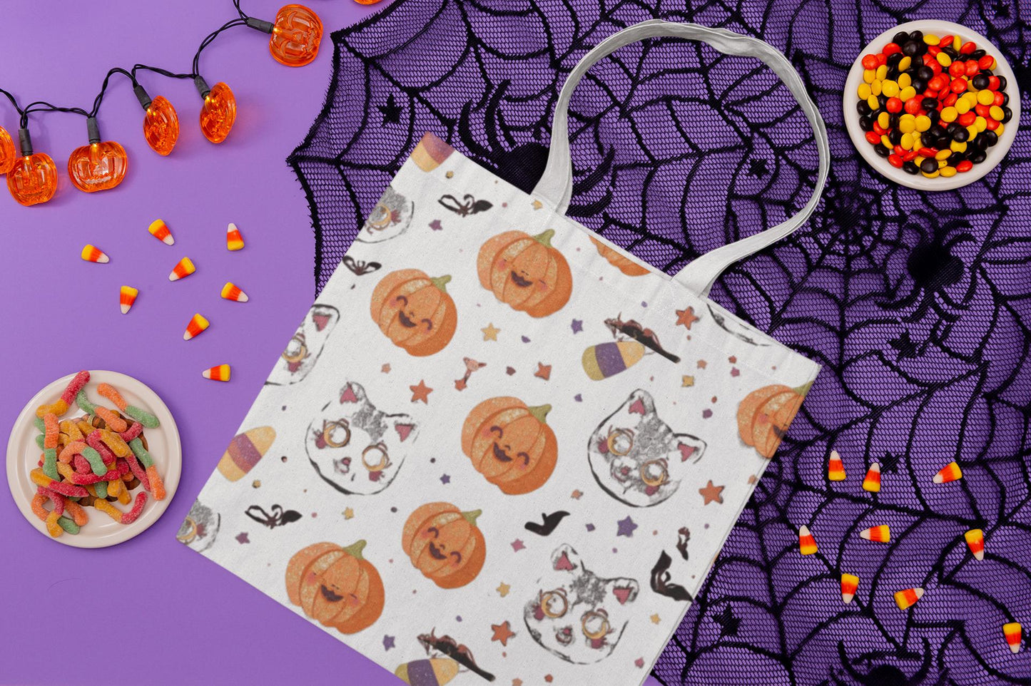 Halloween Cat & Pumpkin Tote Bag: Kawaii Fall Trick-or-Treat