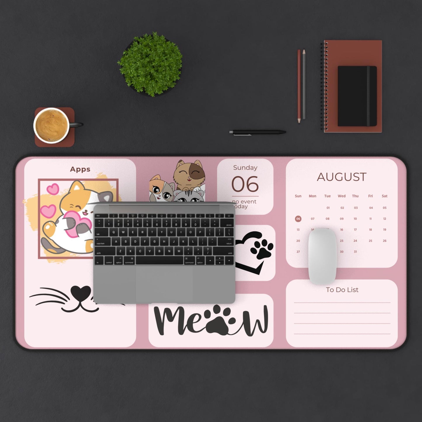 Kawaii Cat Desk Mat: Office Organizer Pad with To-Do List Planner for Pet Lovers