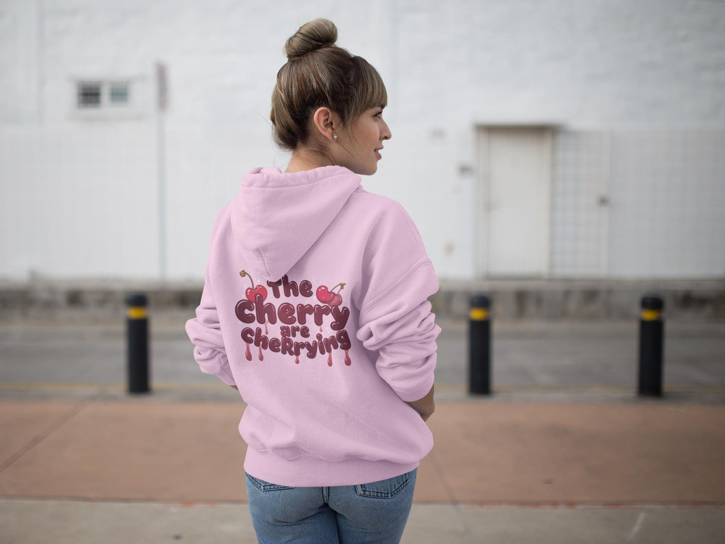 Pastel Pink Hoodie: Dripping Red Cherries, Unisex Streetwear