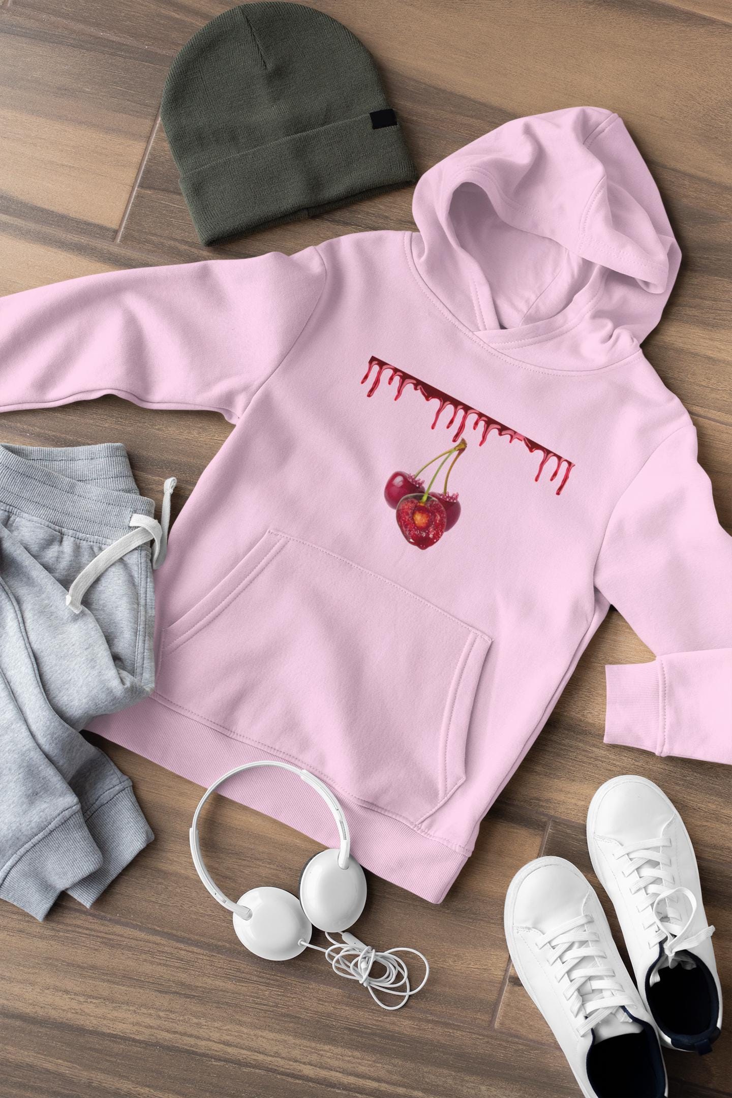 Pastel Pink Hoodie: Dripping Red Cherries, Unisex Streetwear