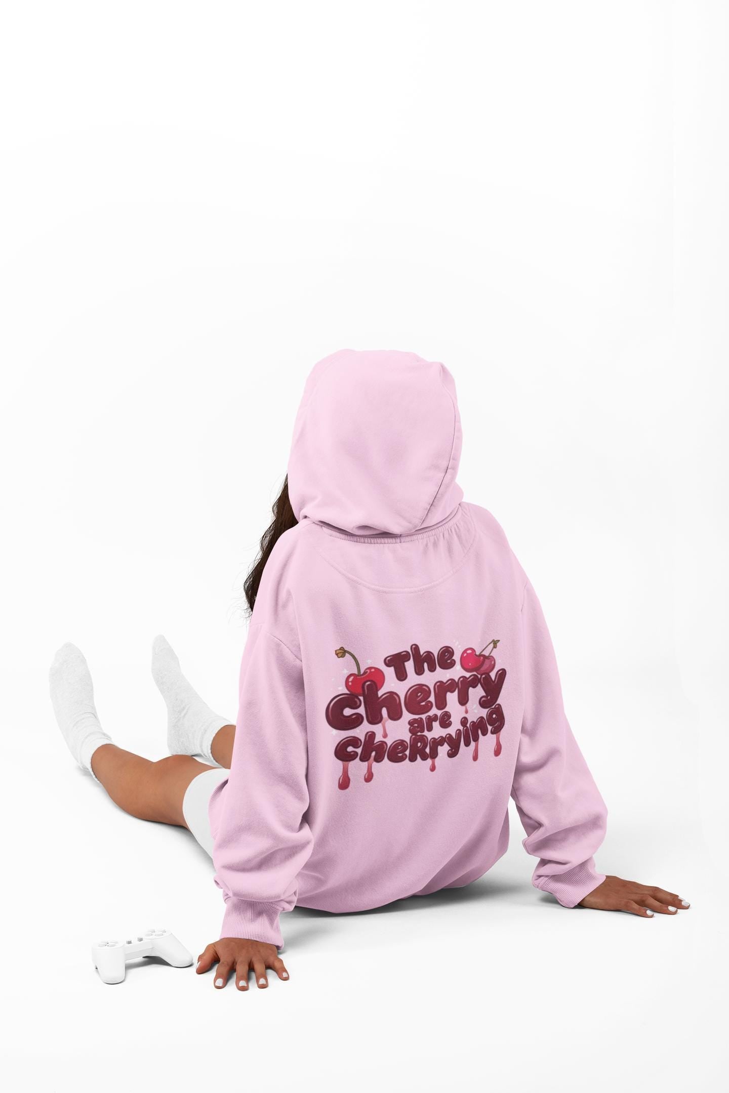 Pastel Pink Hoodie: Dripping Red Cherries, Unisex Streetwear