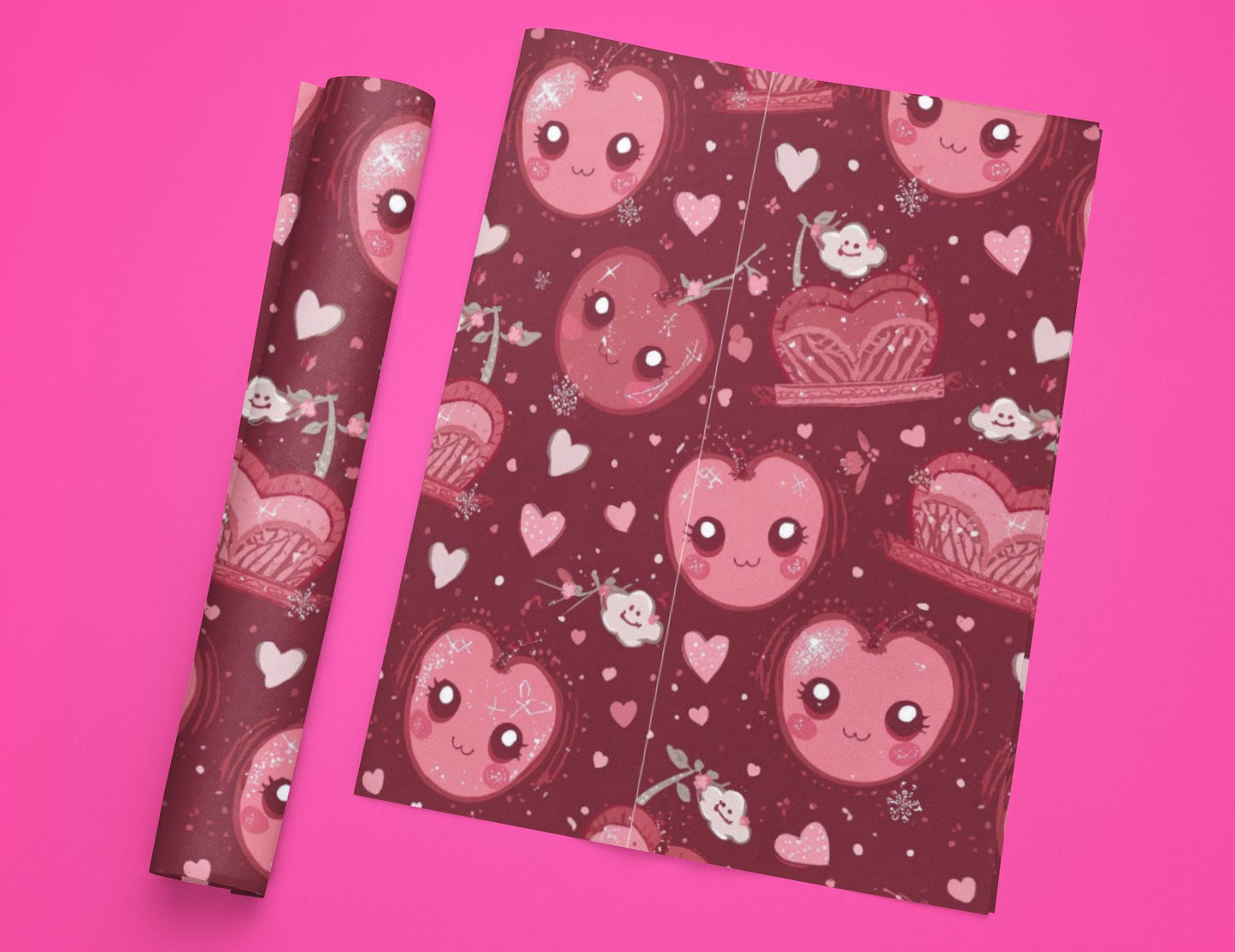 Cherry Red Kawaii Crown Gift Wrapping paper for Holidays or Any Occasion, Cute Present Packaging, Decorative Paper Roll, Birthday,