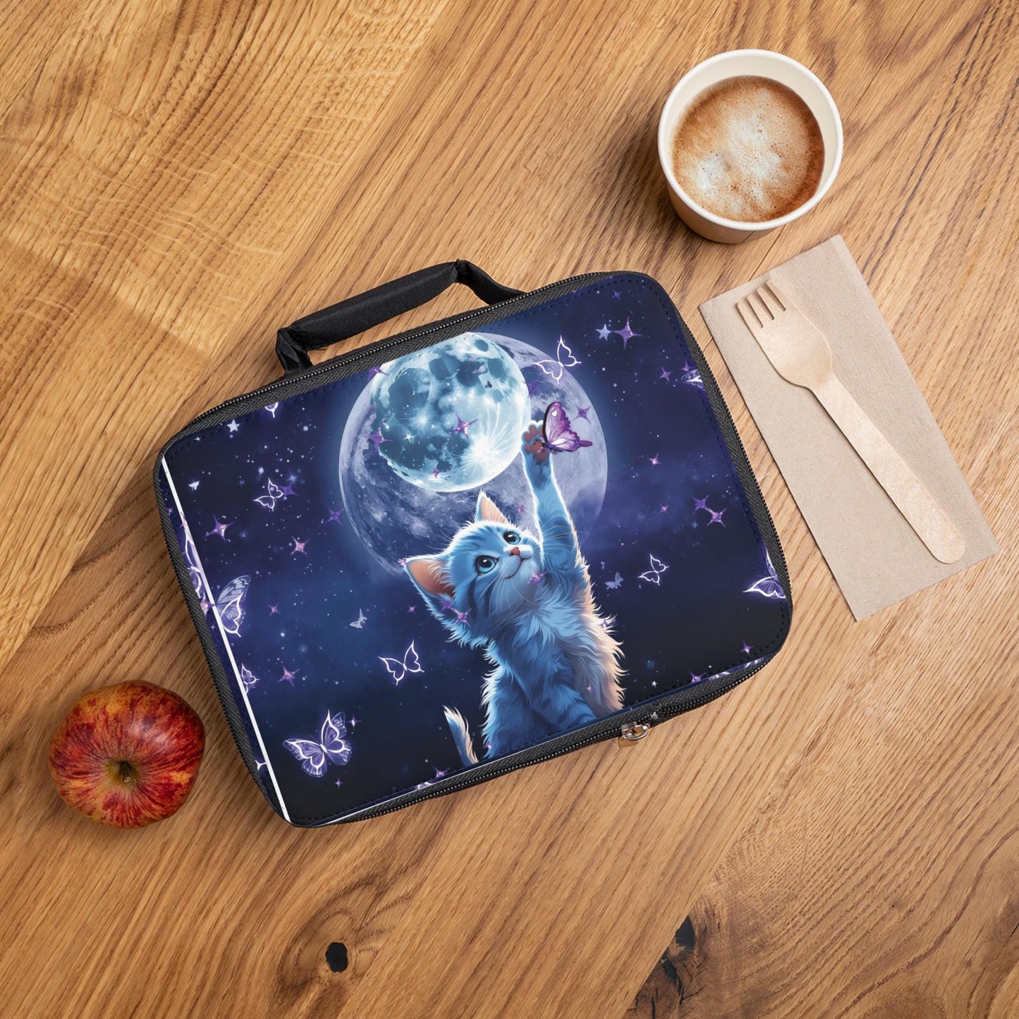 Whimsical Personalized Cat Lunch Tote: Moon & Butterfly Design for Kids