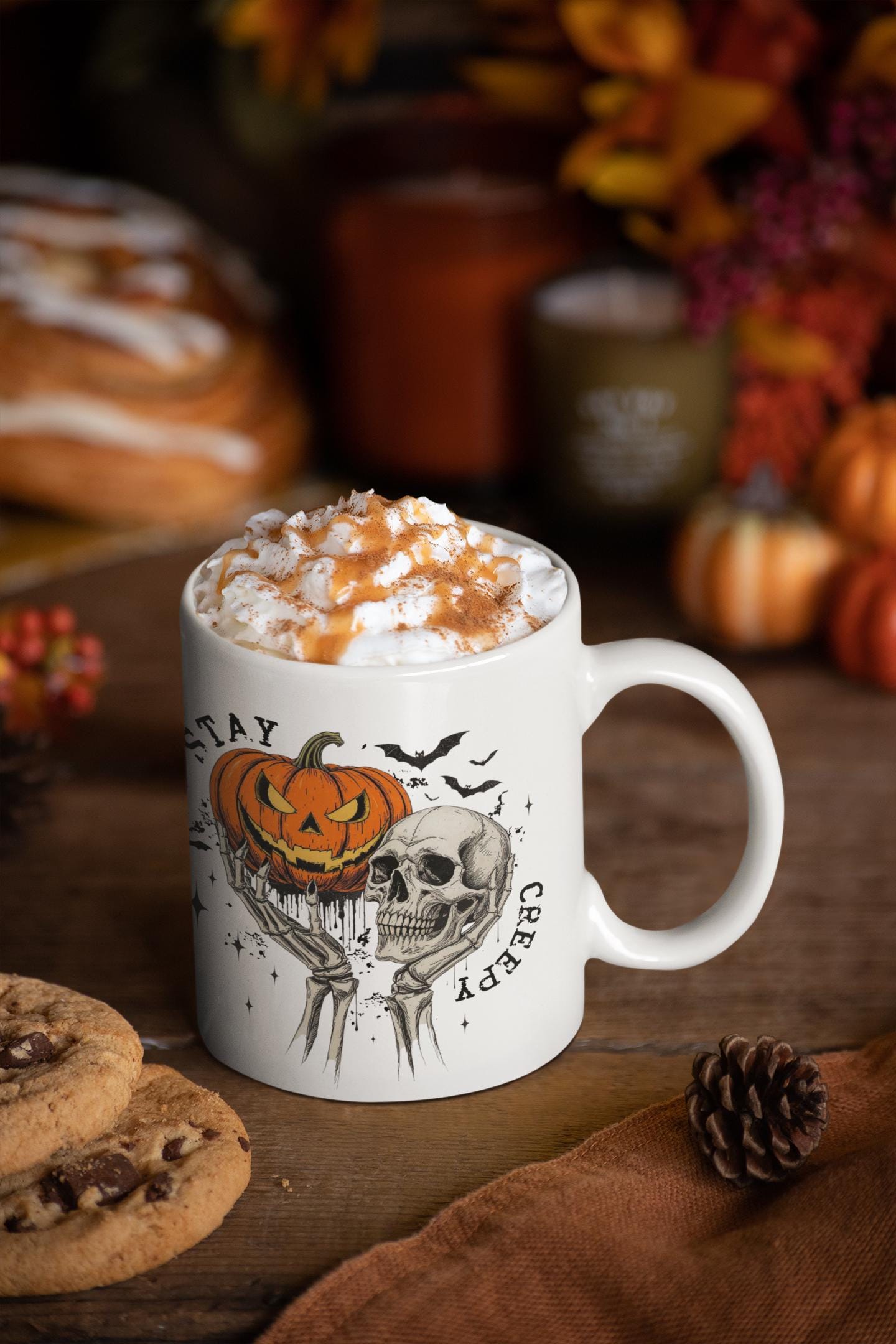 Spooky Halloween Mug, Skull and Pumpkin Design. Autumn Vibes Cup, Fall Decor, Halloween Kitchen