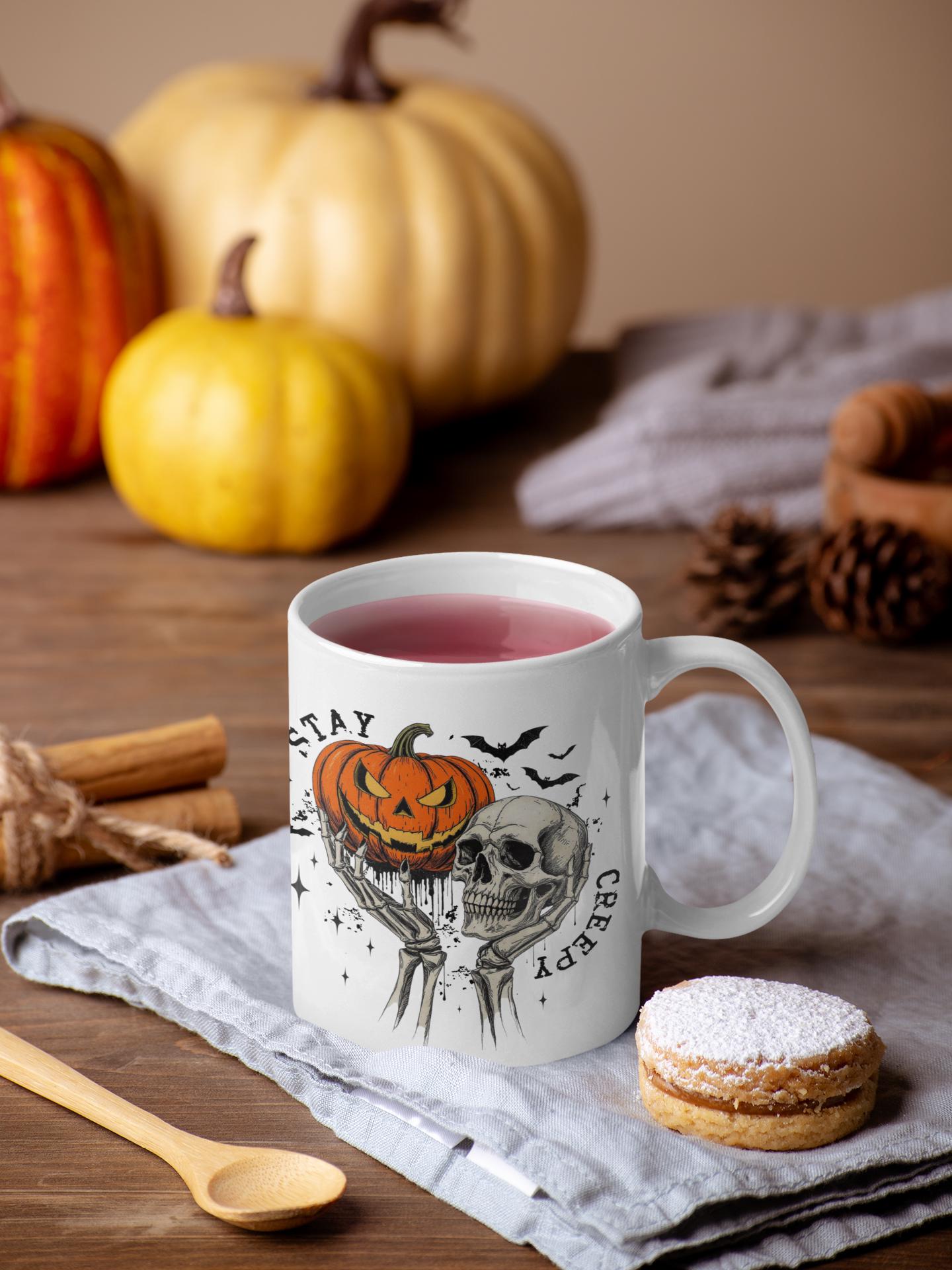 Spooky Halloween Mug, Skull and Pumpkin Design. Autumn Vibes Cup, Fall Decor, Halloween Kitchen