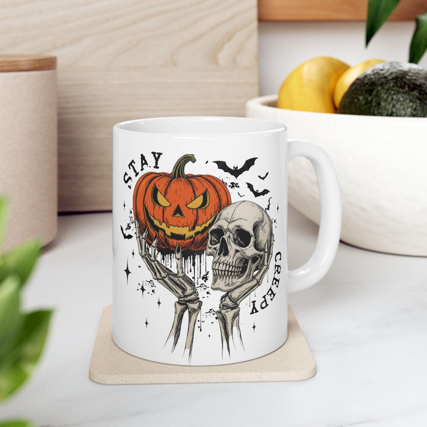 Spooky Halloween Mug, Skull and Pumpkin Design. Autumn Vibes Cup, Fall Decor, Halloween Kitchen