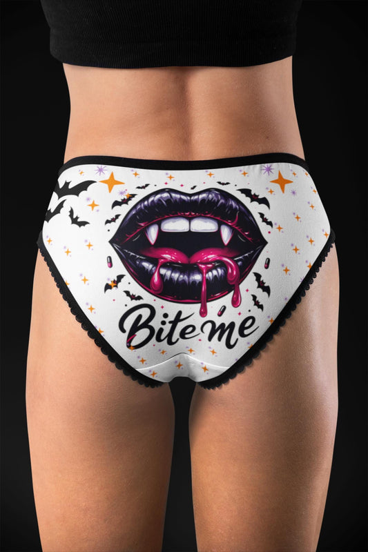 Bite Me Halloween Panties, Spooky Vampire Lips Underwear, Cute Goth black and white briefs, Gift for Women
